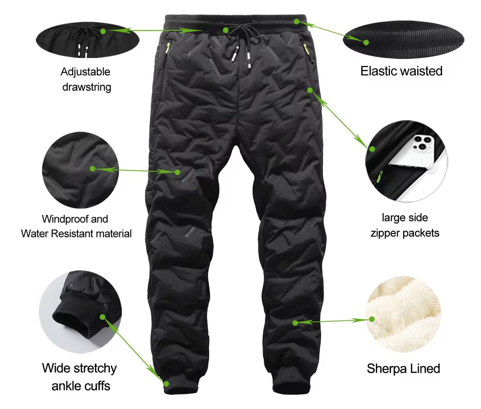 Men's Winter Snow Pants - Sherpa Lined Fleece Jogger Sweatpants for Cold Weather, Thick Warm Thermal Pants for Skiing, Snowboarding & Outdoor Activities