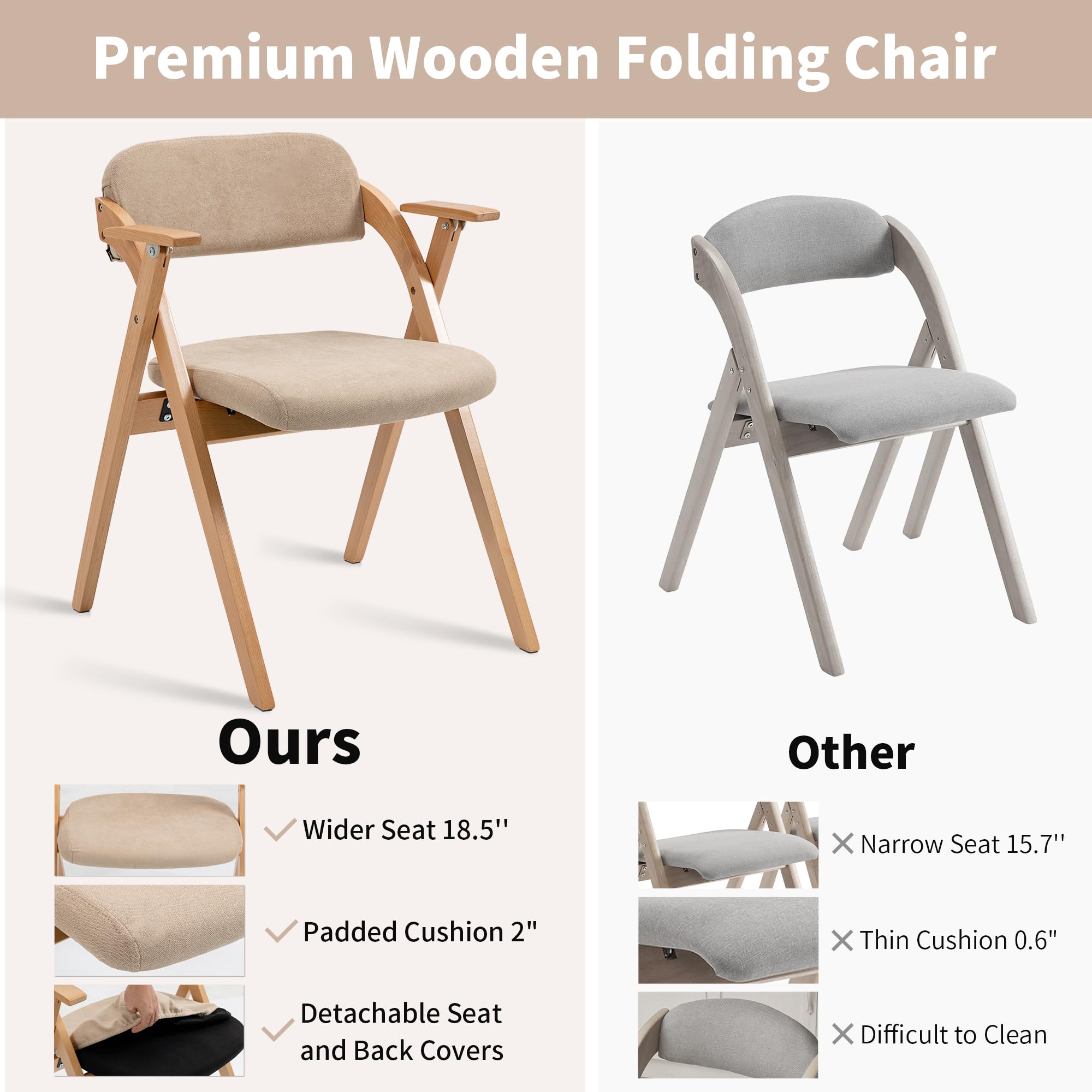 HOMEFUN Set of 2 Wooden Folding Chairs with Armrests & Padded Seats - Stackable Space-Saving Dining Chairs for Kitchen, Office, Wedding, Party & Guest Seating - Khaki