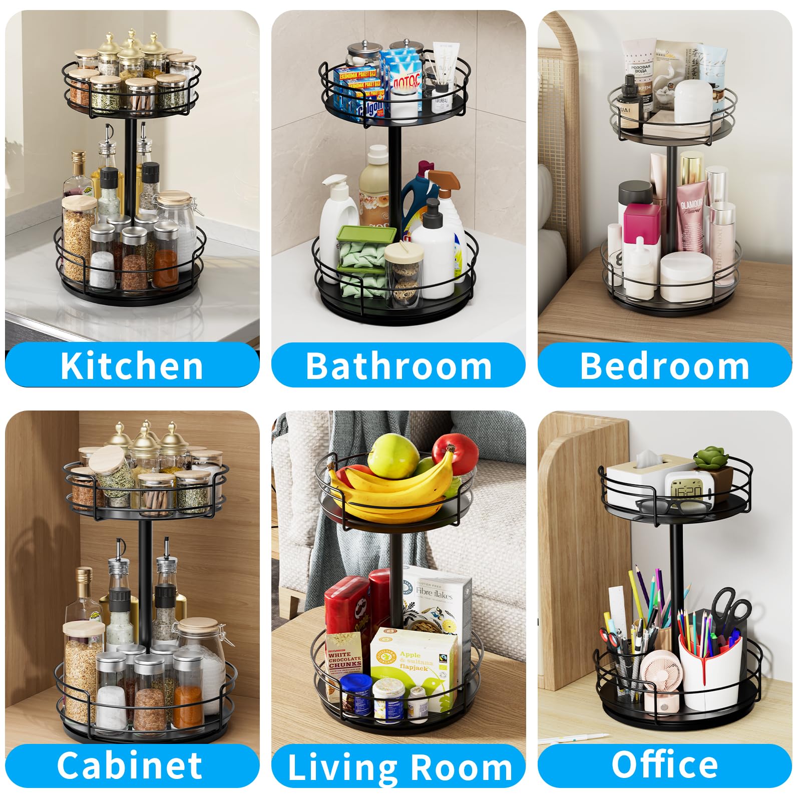 2-Tier Lazy Susan Turntable Organizer for Kitchen Cabinet, Spice Rack, Countertop, Bathroom & Pantry - Space-Saving Black Rotating Storage Solution for Home Organization