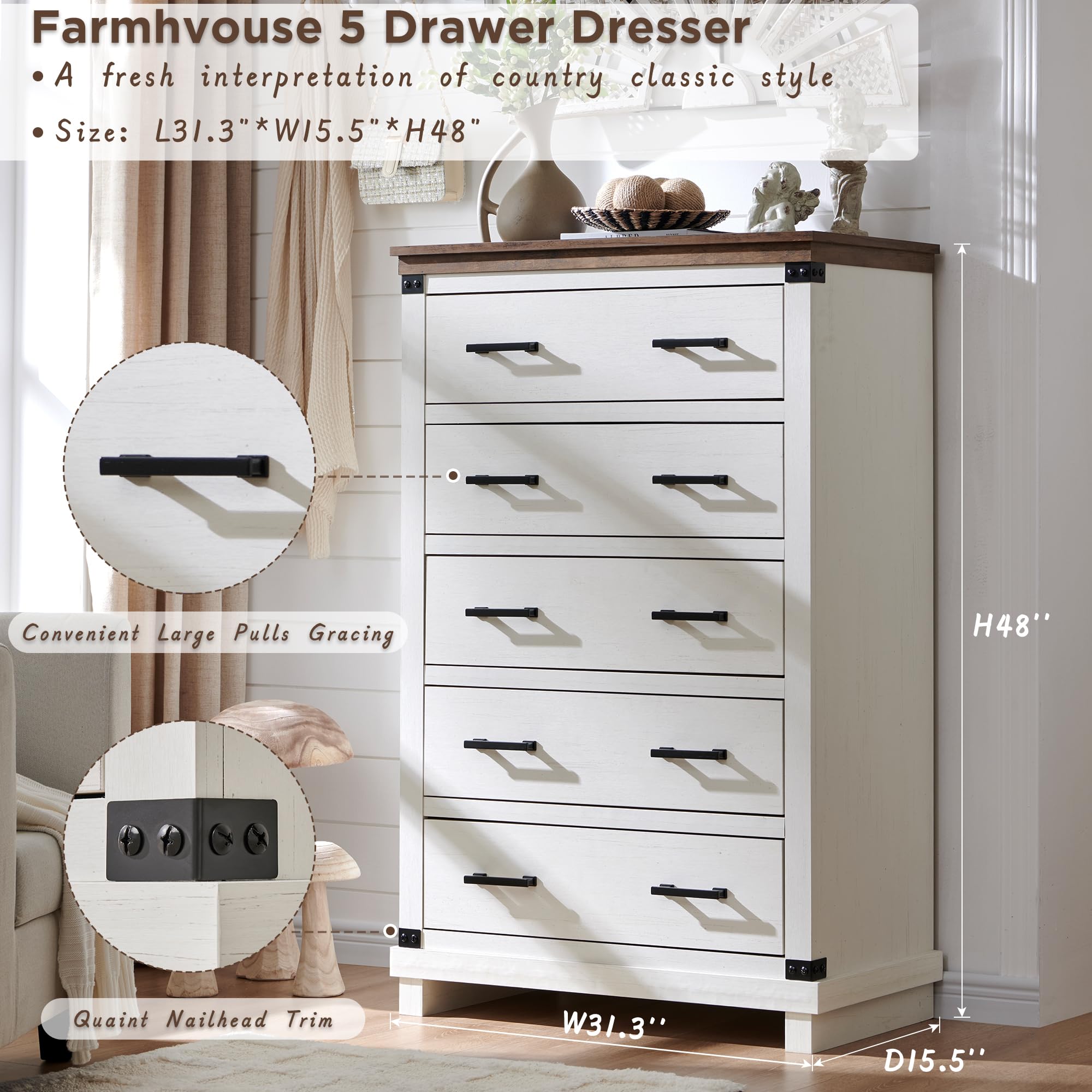RedLemon Farmhouse 5-Drawer Wood Dresser - Solid Wood Tall Chest with Thick Plank Design, Rustic Bedroom & Living Room Storage Furniture in Antique White - Perfect for Farmhouse Decor, Guest Rooms & Closet Organization