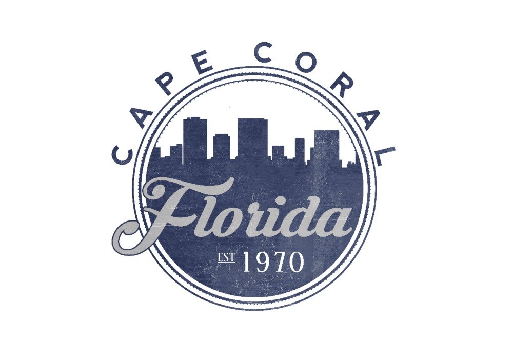 Florida Cape Coral Skyline Seal Blue Art Print - 24x36 Signed Wall Decor Poster for Living Room, Office & Home Decor