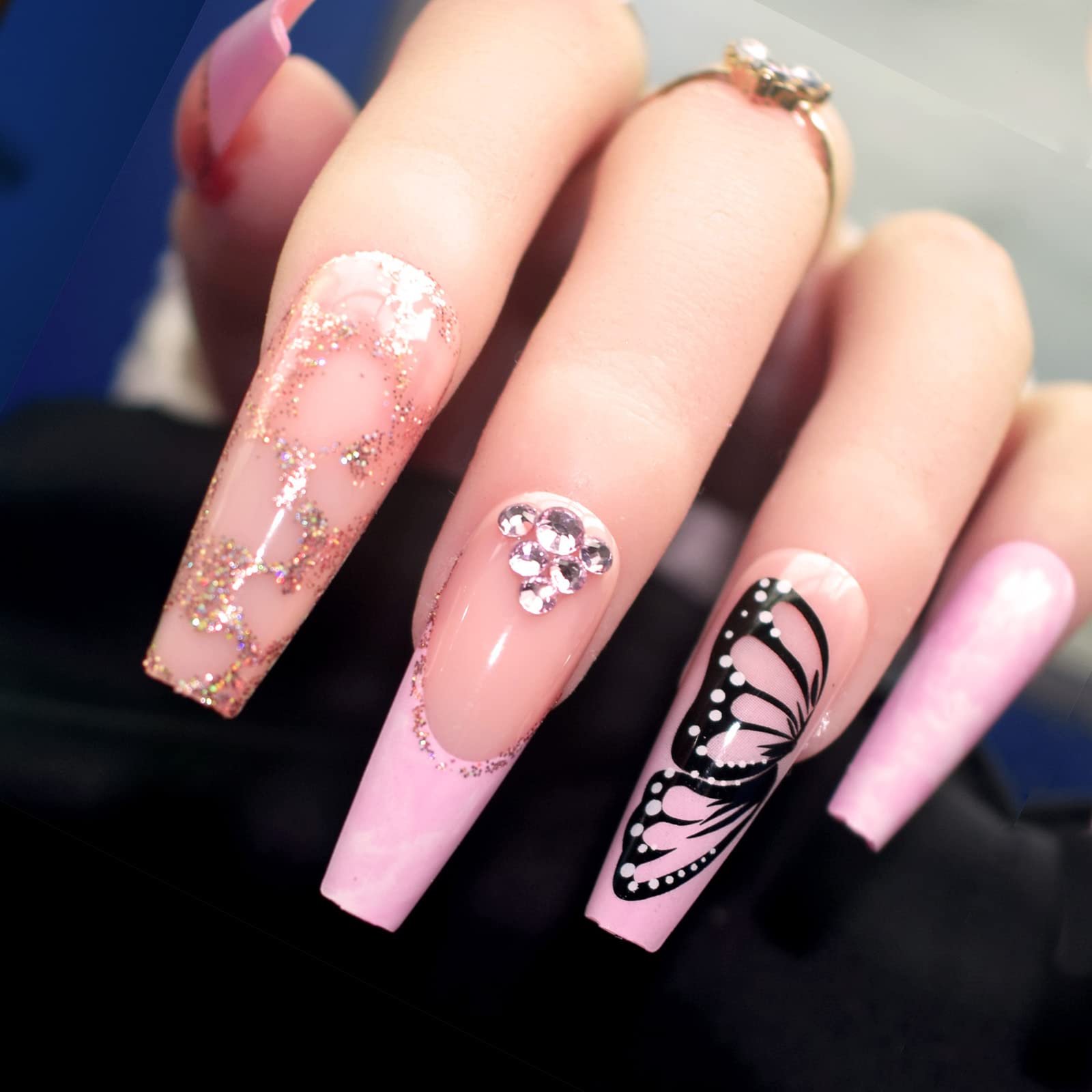 24 Pcs Long Fake Nails - Pink French Coffin Ballerina Press on Nails with Rhinestones & Glitter | False Nails with Nail Glue Stickers | Artificial Nails for Women & Girls | Perfect for Parties, Weddings & Special Occasions
