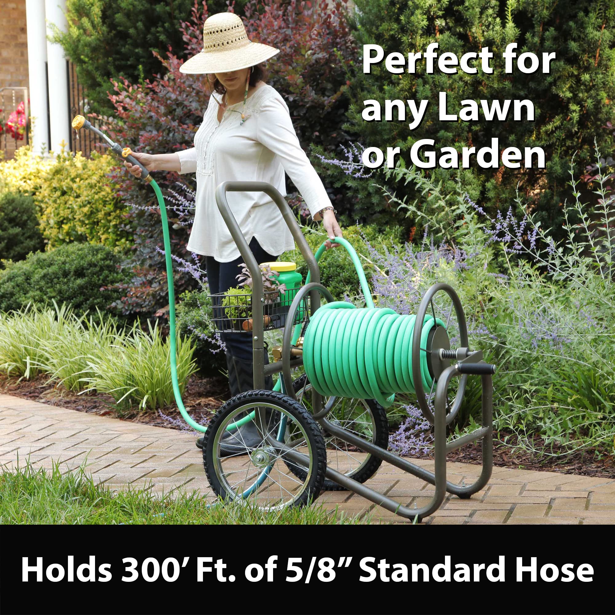 Liberty Garden 880 Industrial 2-Wheel Pneumatic Tire Garden Hose Reel Cart with 300ft Capacity - Heavy Duty Bronze Outdoor Watering System for Lawn, Yard & Garden Irrigation