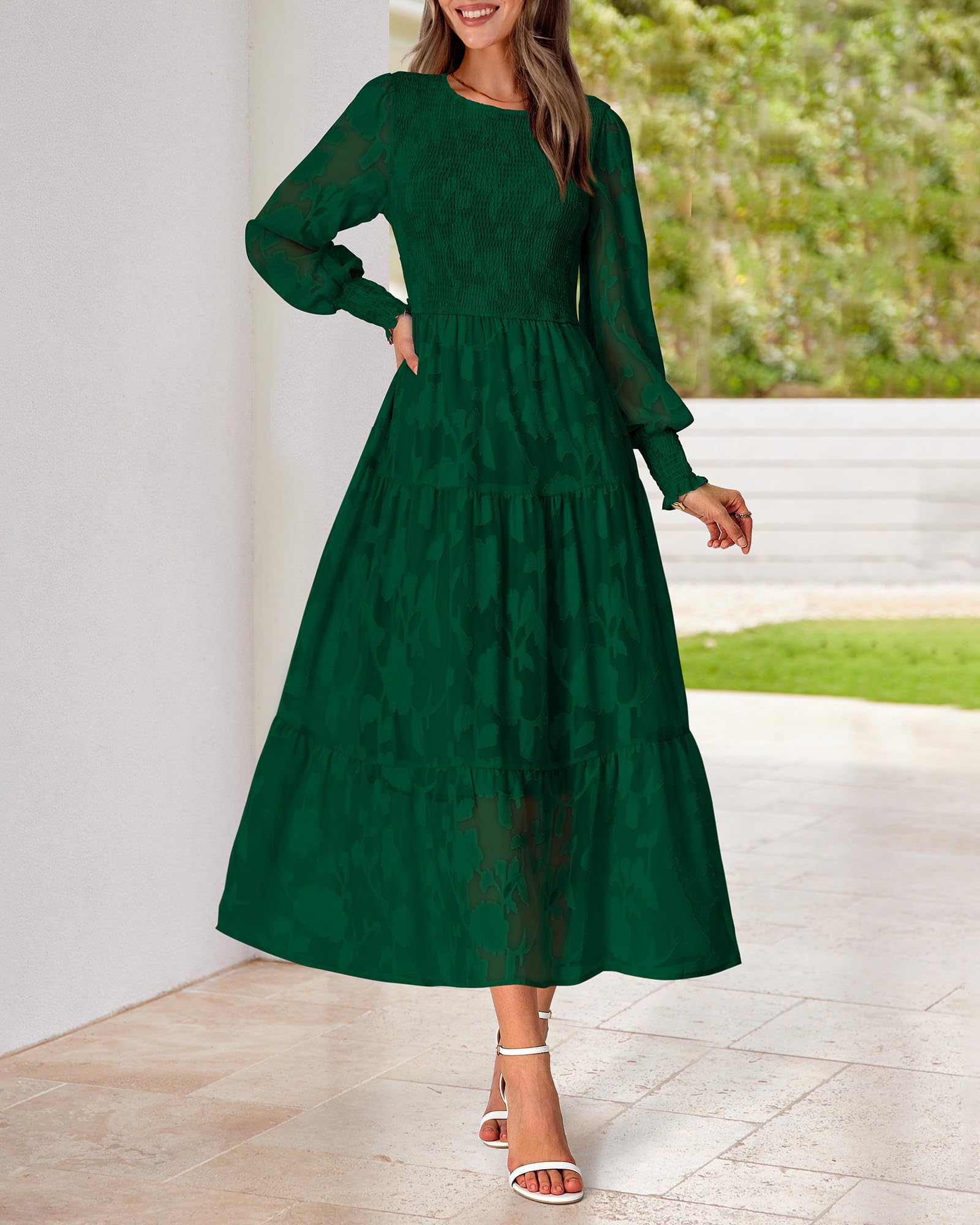 BTFBM Women's Elegant Floral Midi Dress - Long Sleeve Bohemian Wedding Guest Dress for Spring 2025 | Perfect for Garden Parties, Bridal Showers & Formal Events