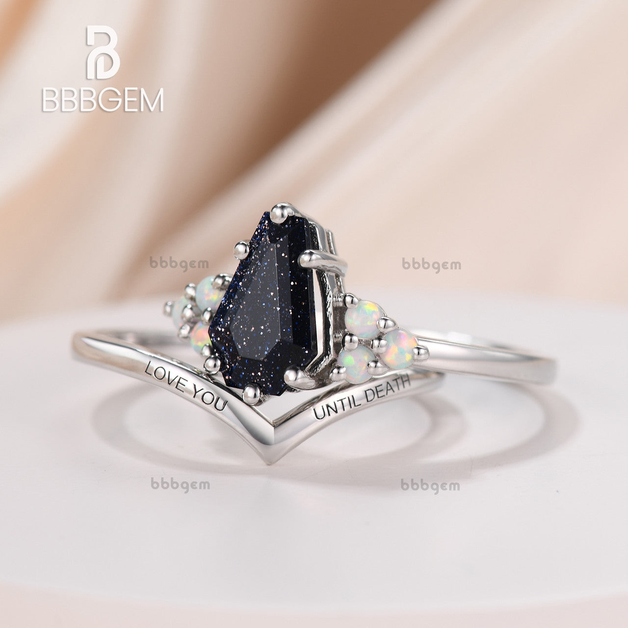 Gothic Coffin Blue Goldstone & Sandstone Ring Set - Engraved White Gold Nesting Band for Women - Perfect for Halloween, Gothic Fashion & Dark Aesthetic Jewelry Lovers