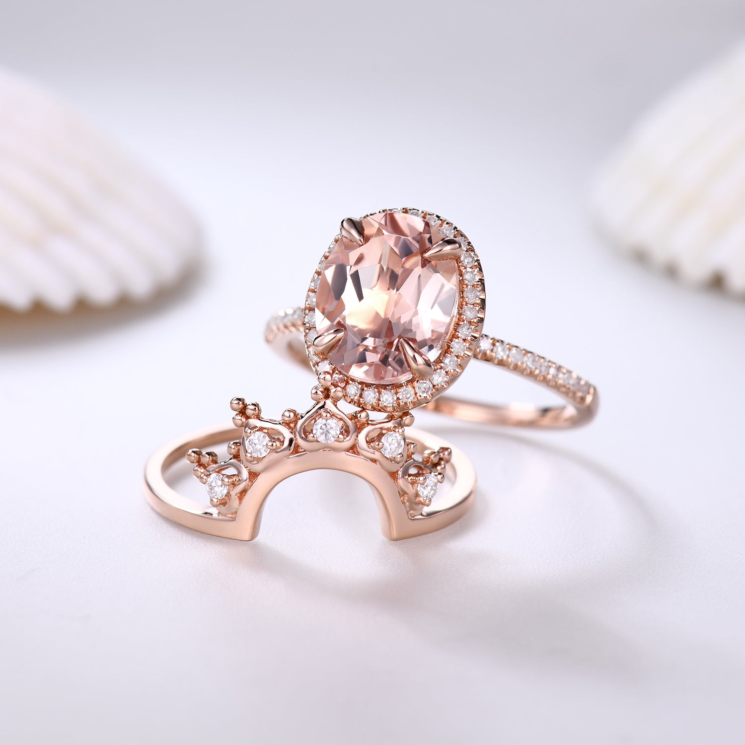 2pc Unique Oval Morganite and Diamond Bridal Ring Set - Heart Crown Petite Thin Wedding Band for Engagement, Promise & Anniversary - Perfect for Bridal Jewelry, Romantic Gifts & Special Occasions