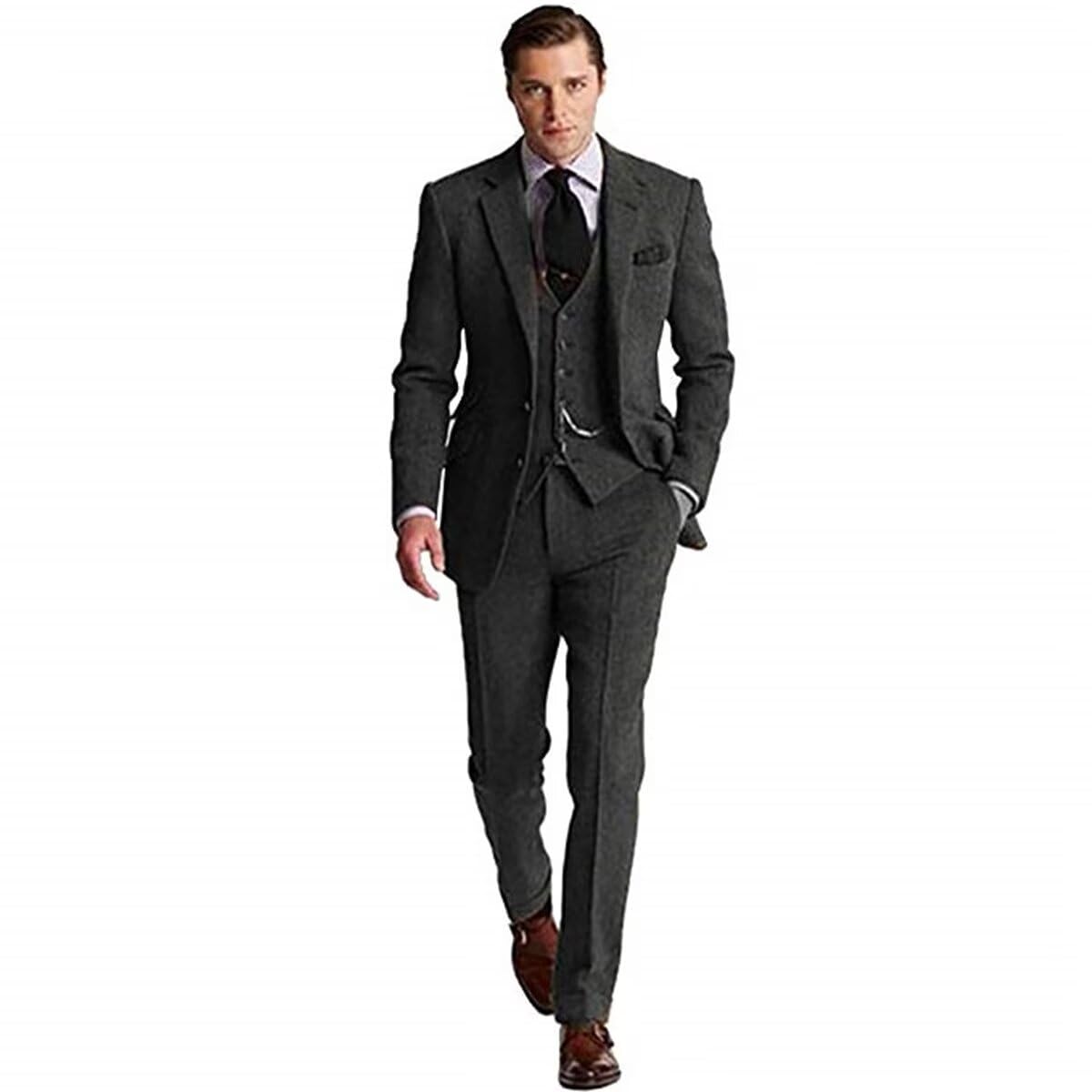 Vintage Tweed 3-Piece Men's Suit Slim Fit Herringbone Wedding Tuxedo Set - Blazer, Vest & Pants for Groom, Prom & Formal Events | Perfect for Weddings, Business Meetings & Special Occasions