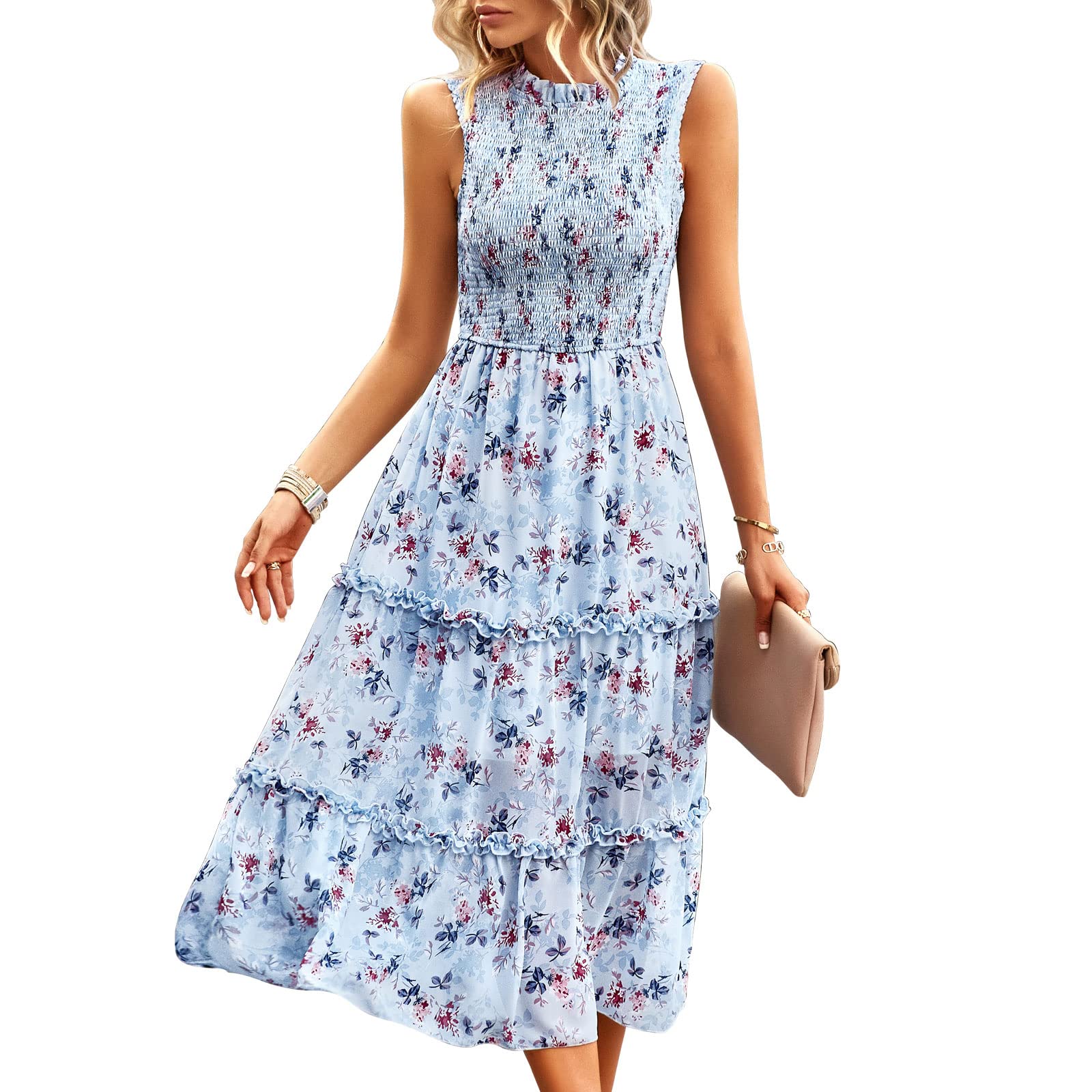 YNIQUE Women's Summer Boho Floral Print Dress - Sleeveless Ruffle High Waist Midi Beach Dress 2023 | Casual Chic for Vacations, Parties & Outdoor Events