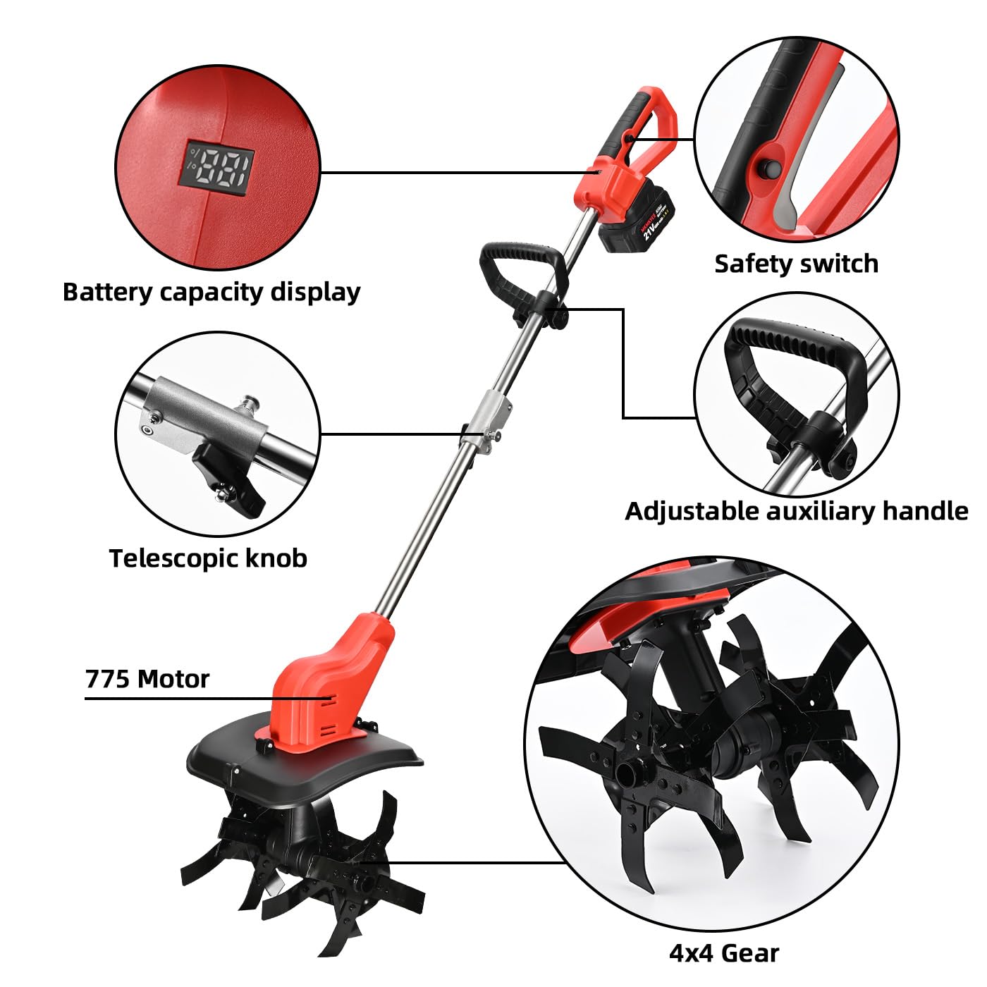 21V Cordless Tiller Cultivator - 300 RPM, 4.0Ah Battery with Capacity Display, 11