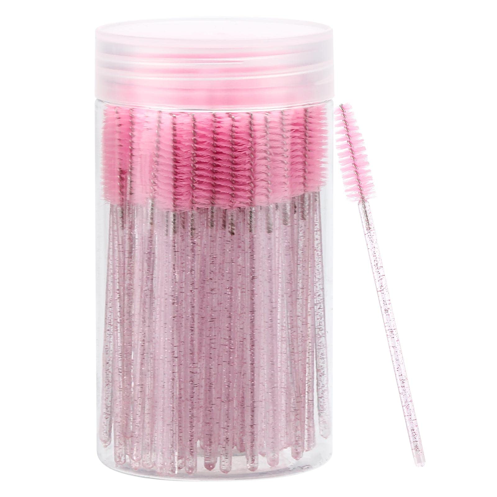 100 Pcs Disposable Mascara Wands - Crystal Eyebrow Spoolie Brushes for Eyelash Extensions & Makeup Application - Pink Lash Brushes with Travel-Friendly Container - Perfect for Salon, Home Use & Professional Makeup Artists