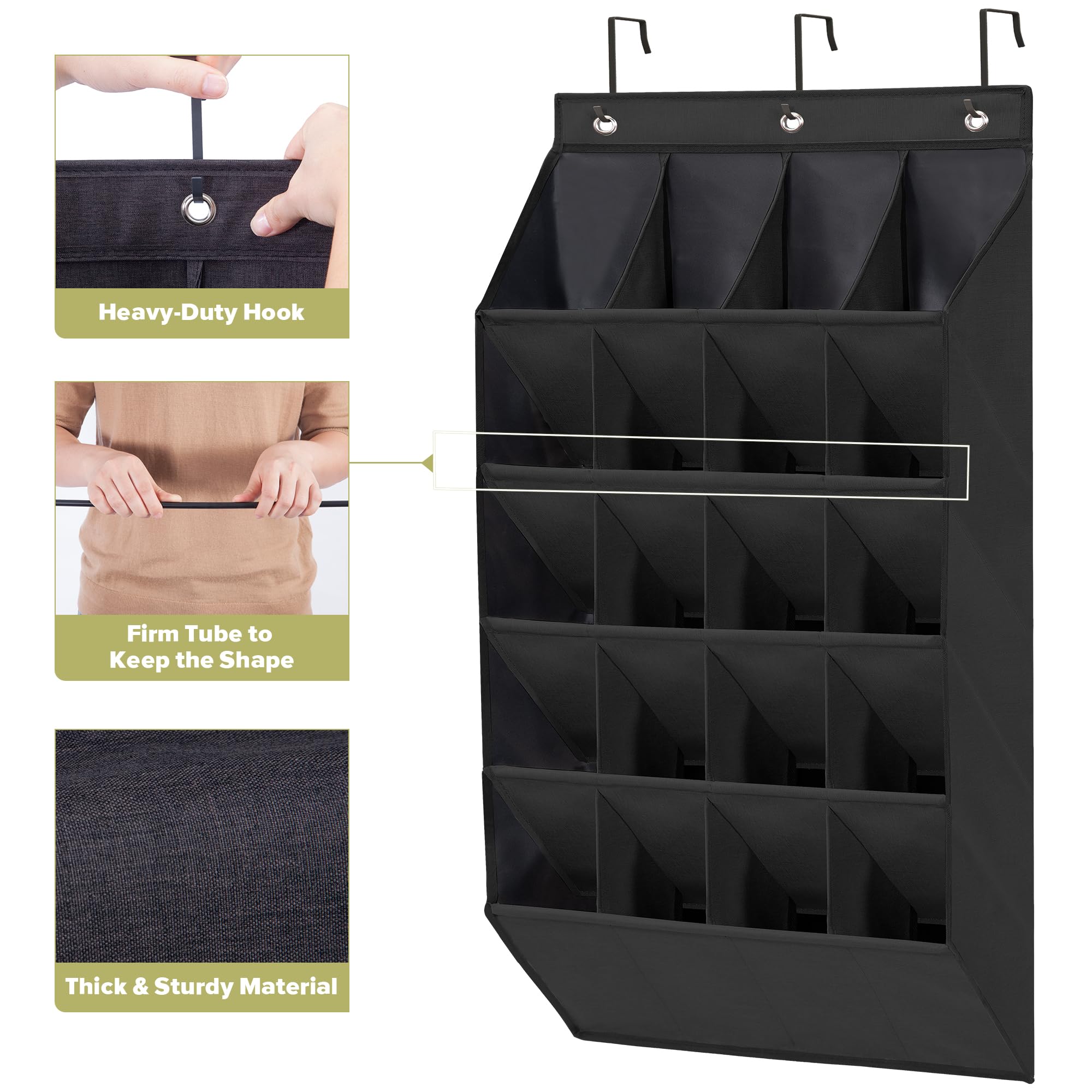 2 Pack Over The Door Shoe Organizer with 20 Large Pockets - Heavy Duty Hanging Closet Storage Rack for Sneakers, Boots & Shoes - Space Saving Solution for Bedrooms, Closets & Dorm Rooms (Black)