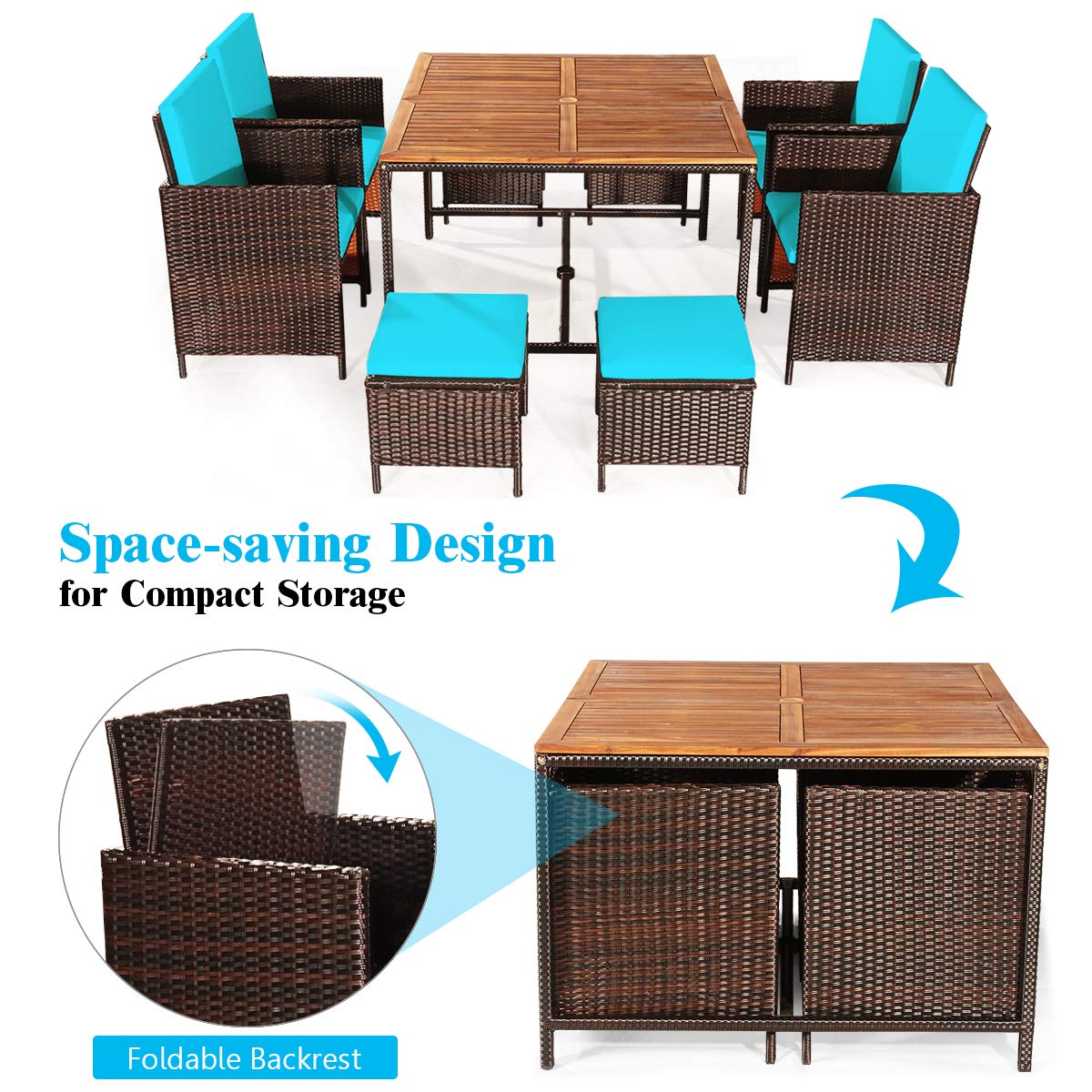 Tangkula 9-Piece Acacia Wood Patio Dining Set with Wicker Chairs & Umbrella Hole Table - Space Saving Outdoor Furniture for Garden, Yard, Poolside | Perfect for BBQs, Family Gatherings & Summer Entertaining