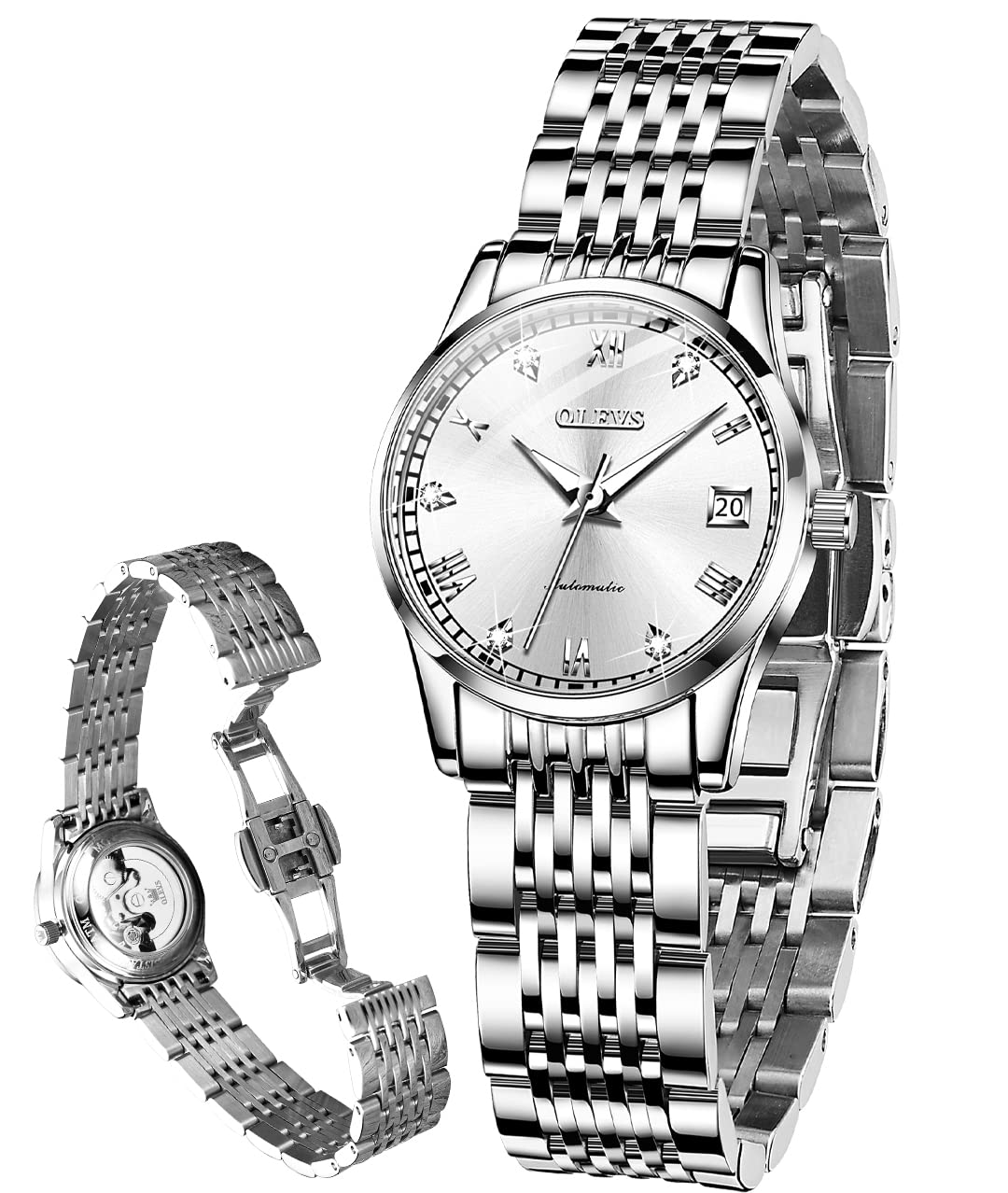 OLEVS Women's Automatic Self-Winding Watch - Stainless Steel Mechanical Diamond Ladies Watch with Luminous Hands & Waterproof Design - Perfect for Business, Party & Everyday Wear