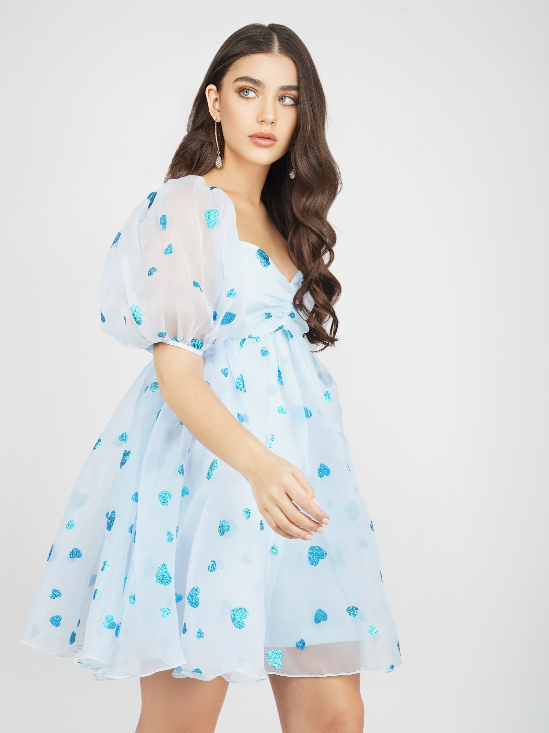 Melanie Puff Sleeve Dress - Blue Heart Print Flowy Summer Dress for Women | Perfect for Dates, Parties & Beach Vacations