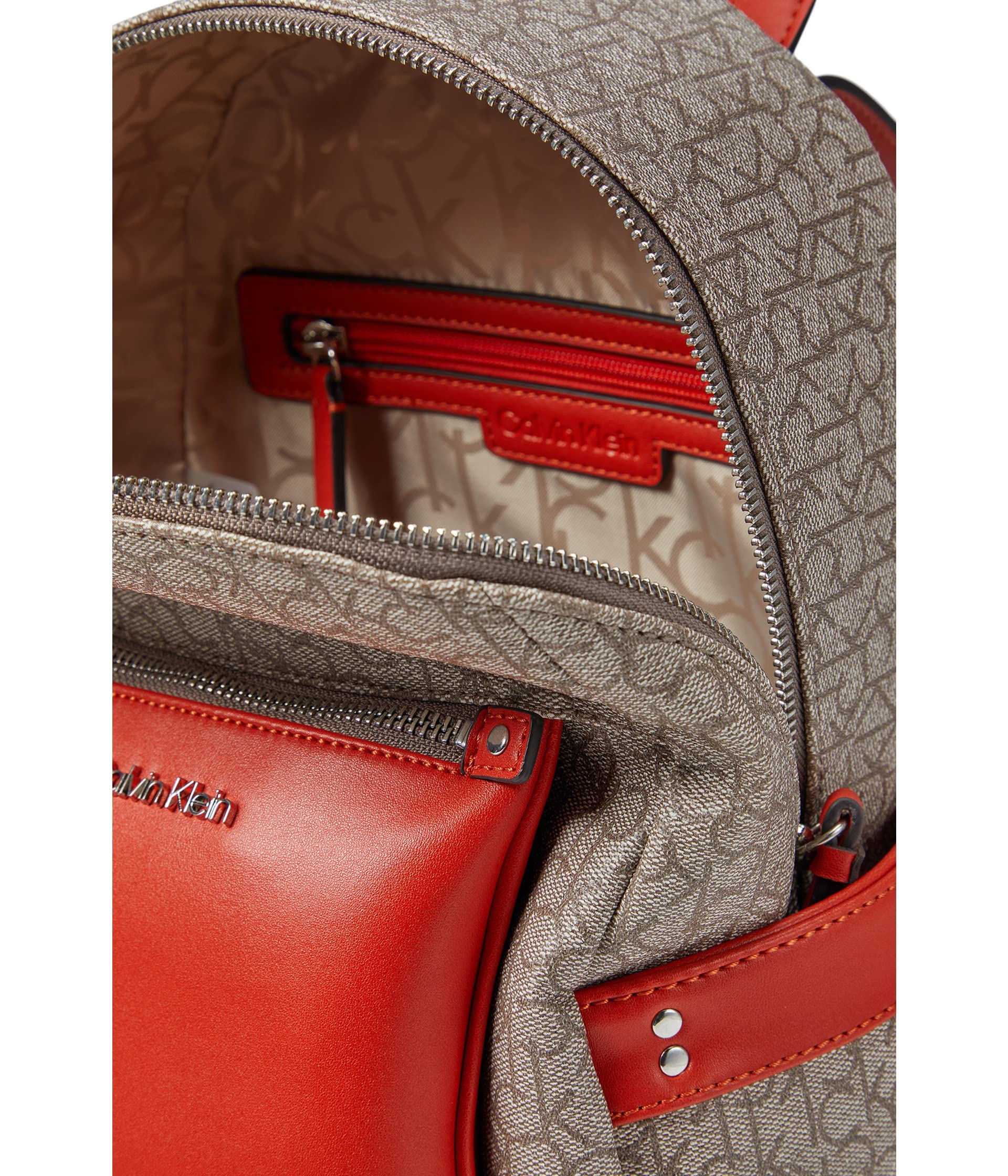 Calvin Klein Maya Mini Backpack for Women - Textured Almond, Taupe & Spicy Orange - Stylish Small Backpack for Work, Travel & College | Compact Everyday Purse with Adjustable Straps