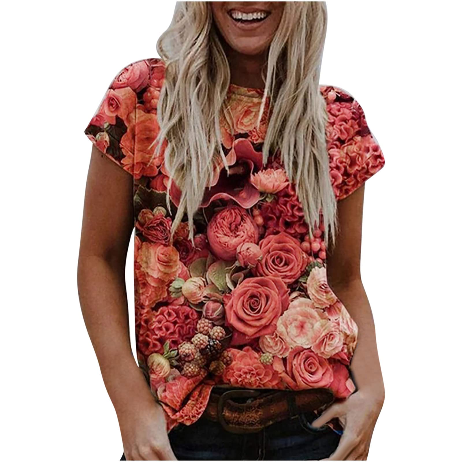 Floral Print Short Sleeve Blouse for Women - Loose Fit Round Neck Summer Top | Lightweight & Breathable Casual Shirt | Office Wear, Beach Cover Up, Travel Outfit | Perfect for Brunch, Vacation & Summer Festivals | Pair with Jeans or Skirts | Machine Washable | Ideal for Work, Weekend Getaways, Outdoor Activities & Hot Weather