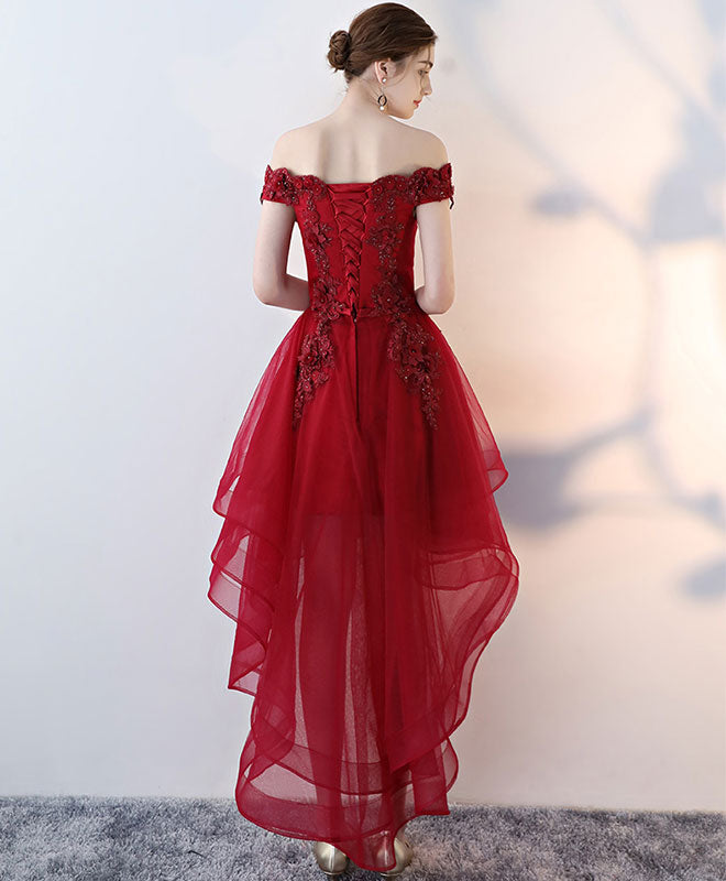 Elegant Burgundy Tulle Lace Off-Shoulder Prom Dress for Homecoming & Formal Events - Perfect for Dances, Weddings & Special Occasions