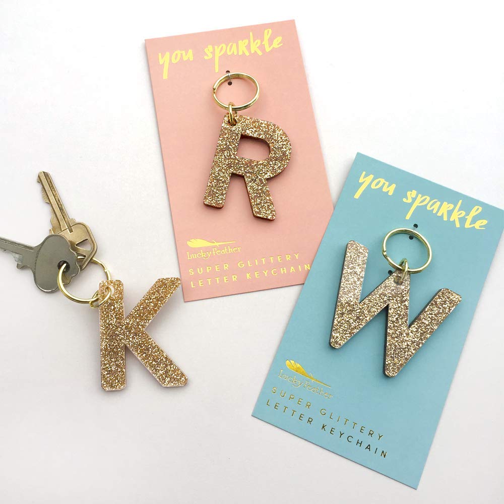Lucky Feather Initial Keychain - Personalized Gold Glitter Keychain for Women, Girls | Custom Letter Keychain for Purse, Backpack, Gift | Elegant Key Ring for Everyday Use & Special Occasions
