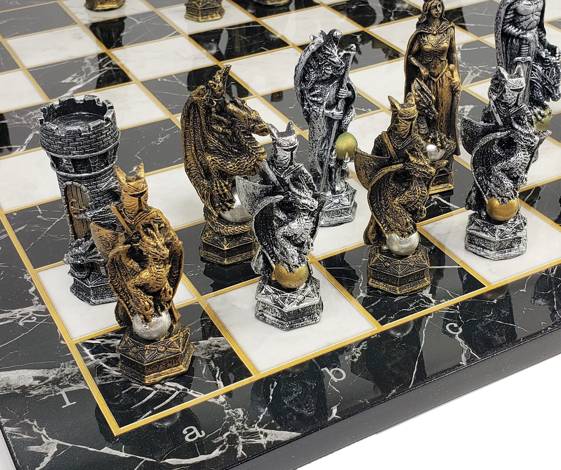 Medieval King Arthur Dragon Chess Set - 17 Inch Black Faux Marble Board | Collectible Fantasy Chess Game for Home Decor, Gift & Game Night