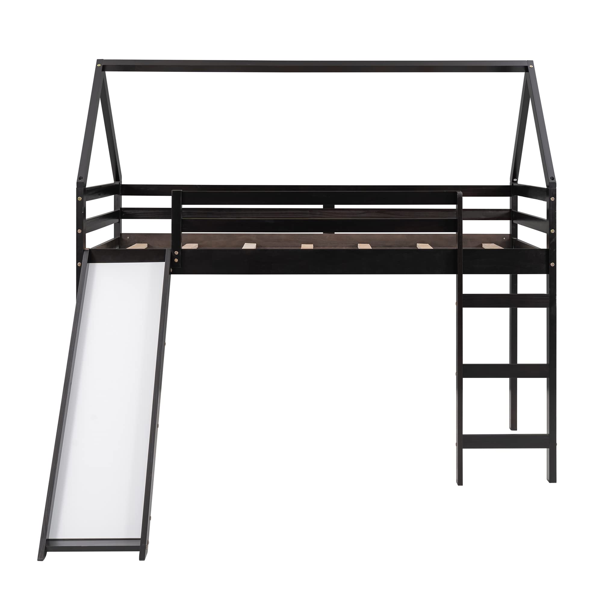 Twin Size Loft Bed with Slide - Wooden Space-Saving House Bed Frame for Kids, Play Tent Bed with Roof & Ladder, No Box Spring Needed (Espresso) - Perfect for Small Bedrooms, Playrooms & Kids' Sleepovers