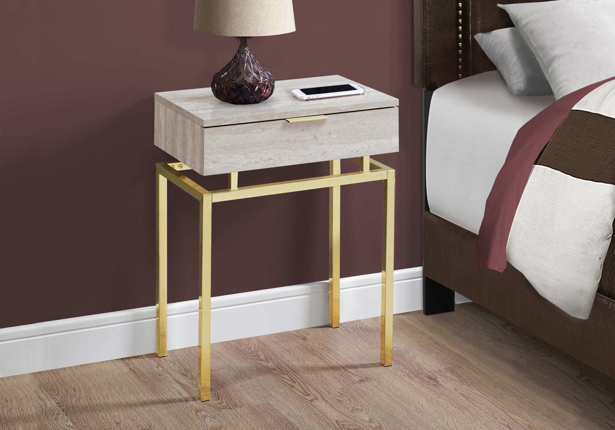 24H Beige Marble Accent Table with Gold Metal Legs - Perfect for Living Room, Bedroom, or Entryway Decor