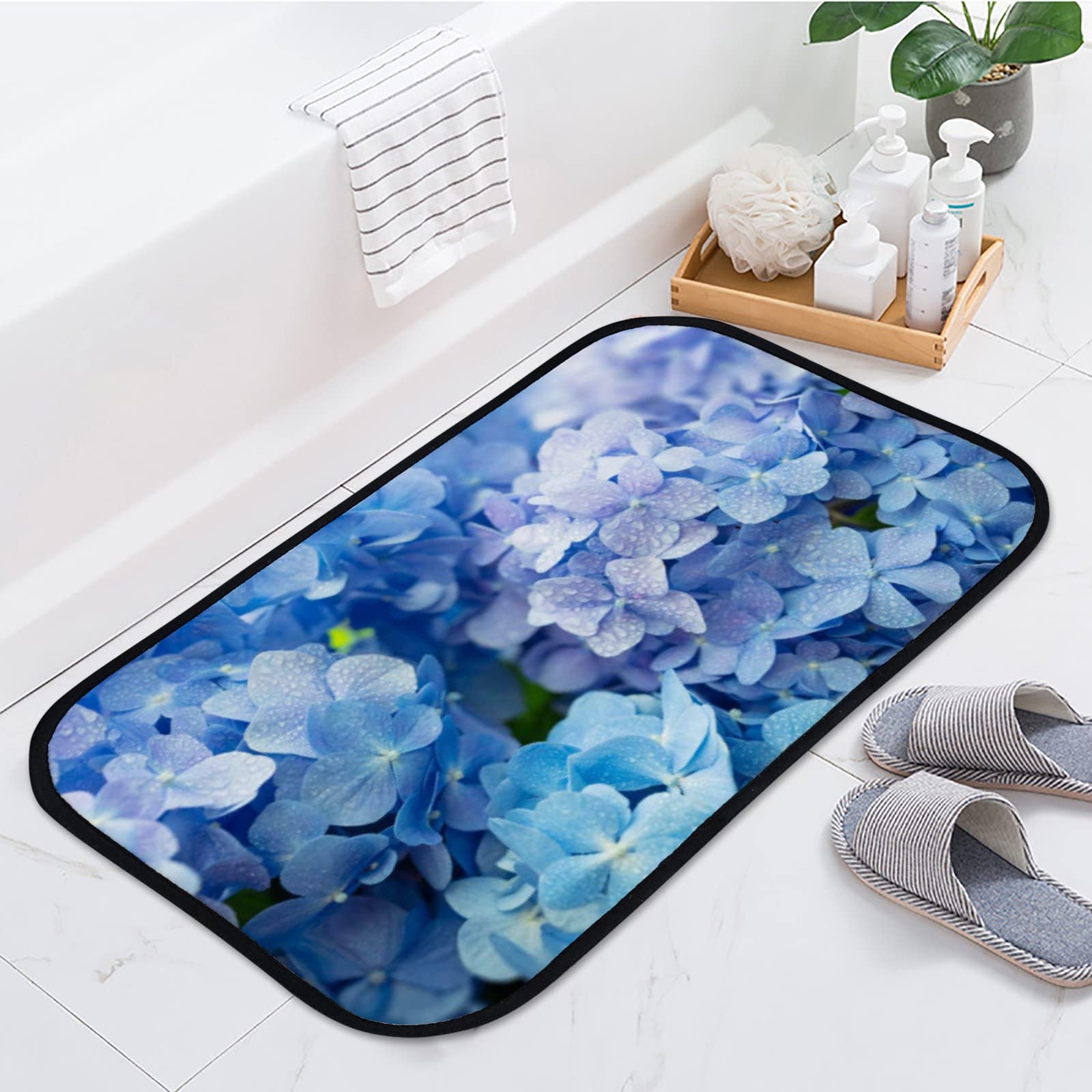 Soft Foam Non-Slip Washable Area Rug - Blue Hydrangea Pattern Kitchen Bath Mat 23.6