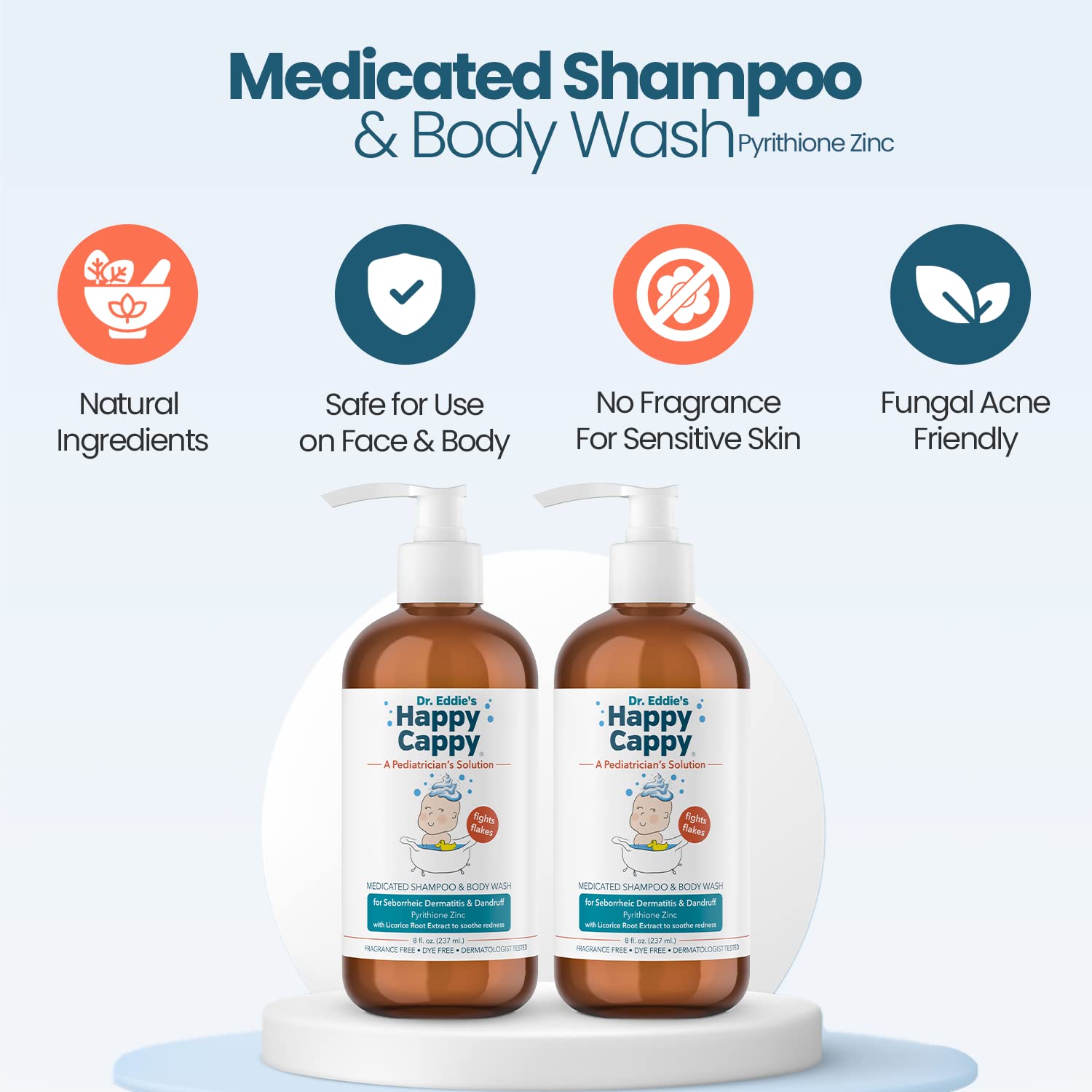 Happy Cappy Dr. Eddie’s Medicated Shampoo & Body Wash for Babies - Cradle Cap & Seborrheic Dermatitis Treatment, Reduces Redness & Flakes, Fragrance-Free, Dermatologist Tested - 8 Fl Oz (Pack of 2) - Gentle Daily Wash for Newborns & Sensitive Skin