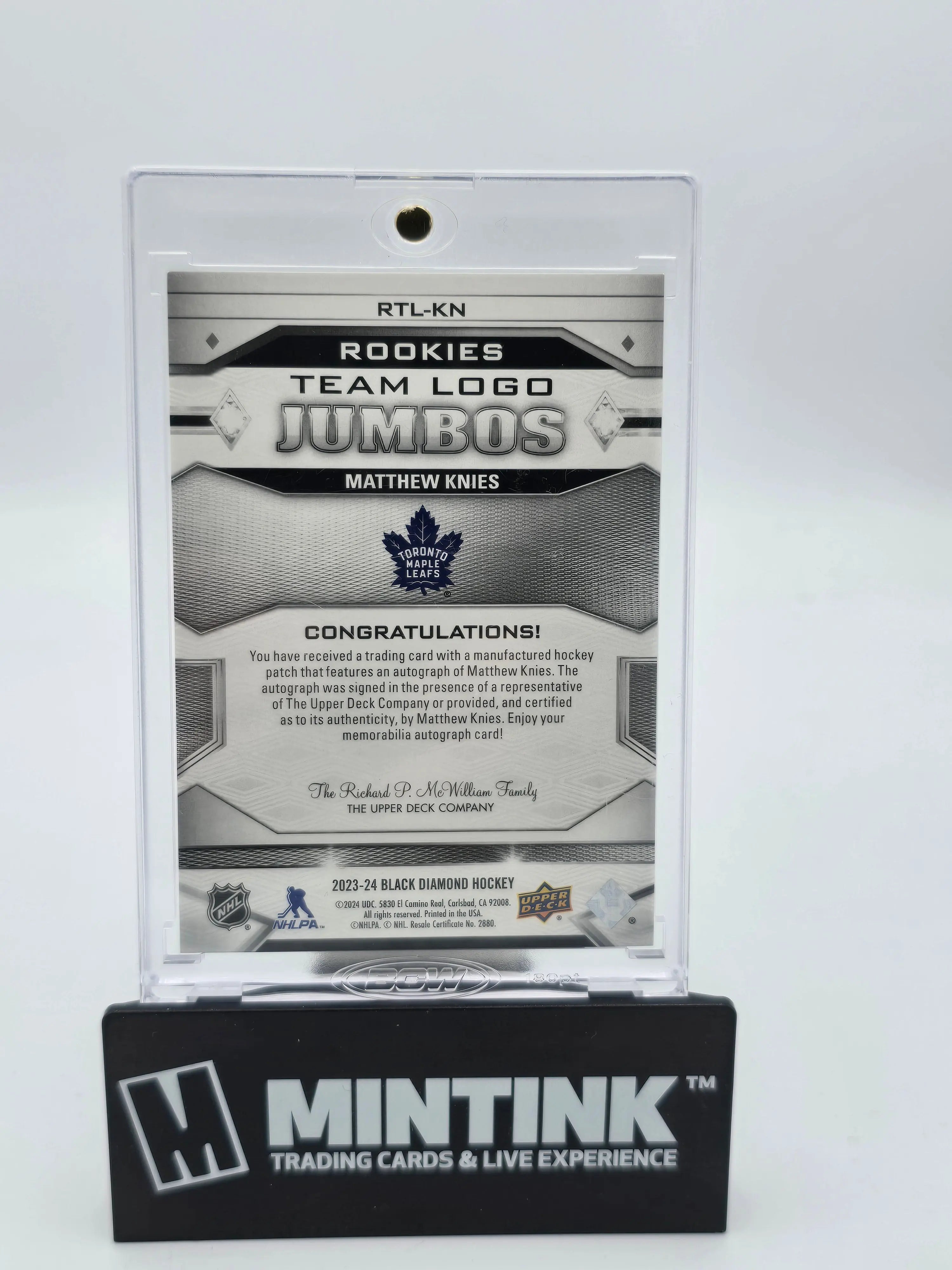 2023-24 Upper Deck Black Diamond Hockey Matthew Knies Rookie Jumbo Team Logo Autograph Card /99 - Perfect for NHL Collectors, Hockey Memorabilia Fans & Sports Card Investors