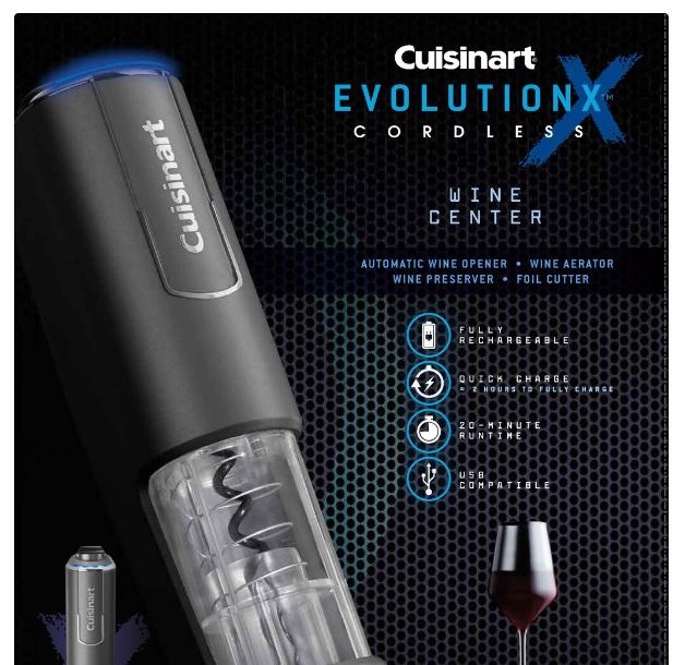 Cuisinart Cordless Electric Wine Bottle Opener - Rechargeable Battery, Quick & Easy Corkscrew for Red, White, Sparkling Wines - Perfect for Dinner Parties, Weddings, Home Bars & Gifts