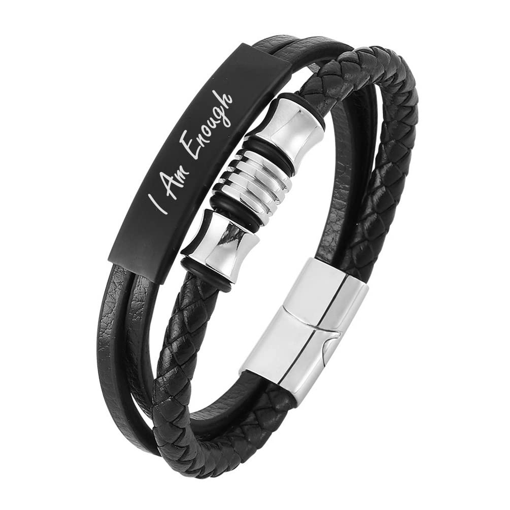 I Am Enough Leather Bracelet for Women & Men - Inspirational Quote Bracelet for Teens, Birthday, Christmas, Graduation Gifts - Motivational Leather Jewelry for Daily Encouragement & Self-Love