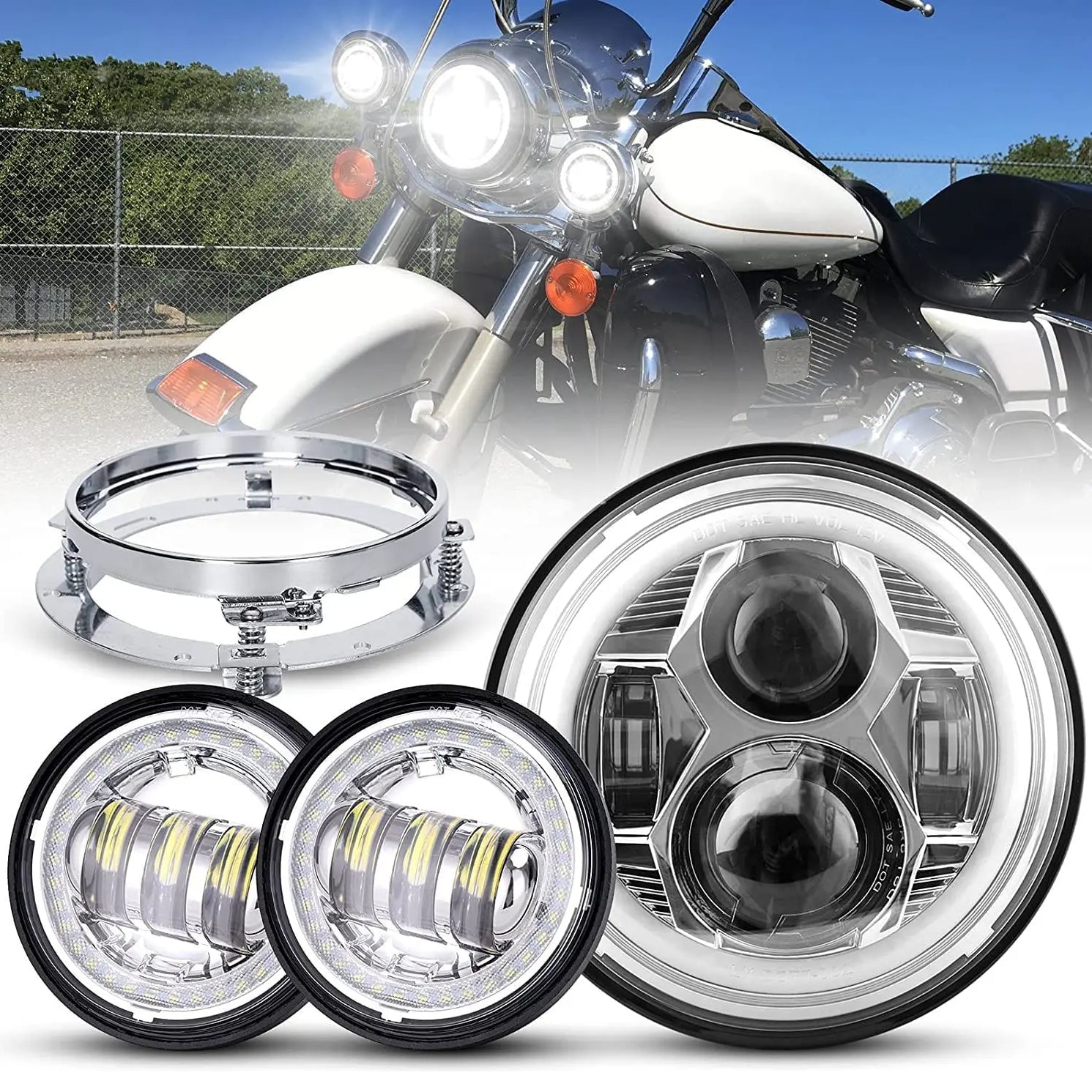 LOYO 7 Inch LED Spider Headlight & 4.5 Inch Passing Lamp Kit for Harley Davidson Touring Models - Street Glide, Road King, Electra Glide Ultra Classic - High Visibility Motorcycle Lighting for Night Riding & Highway Safety