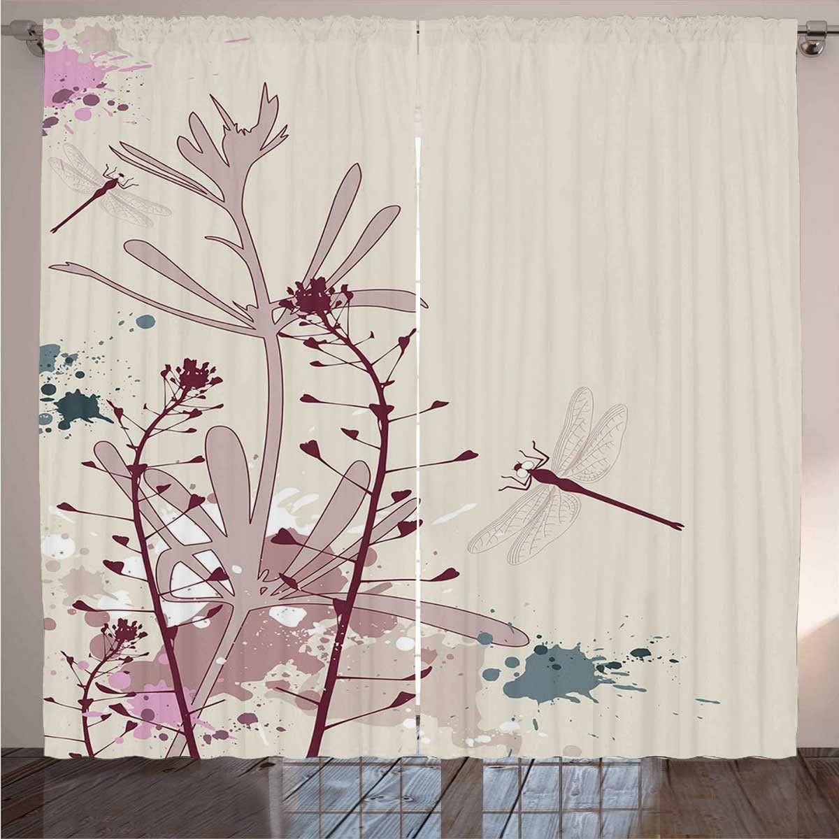 Blackout Window Curtains with Grunge Dragonfly Print - 84