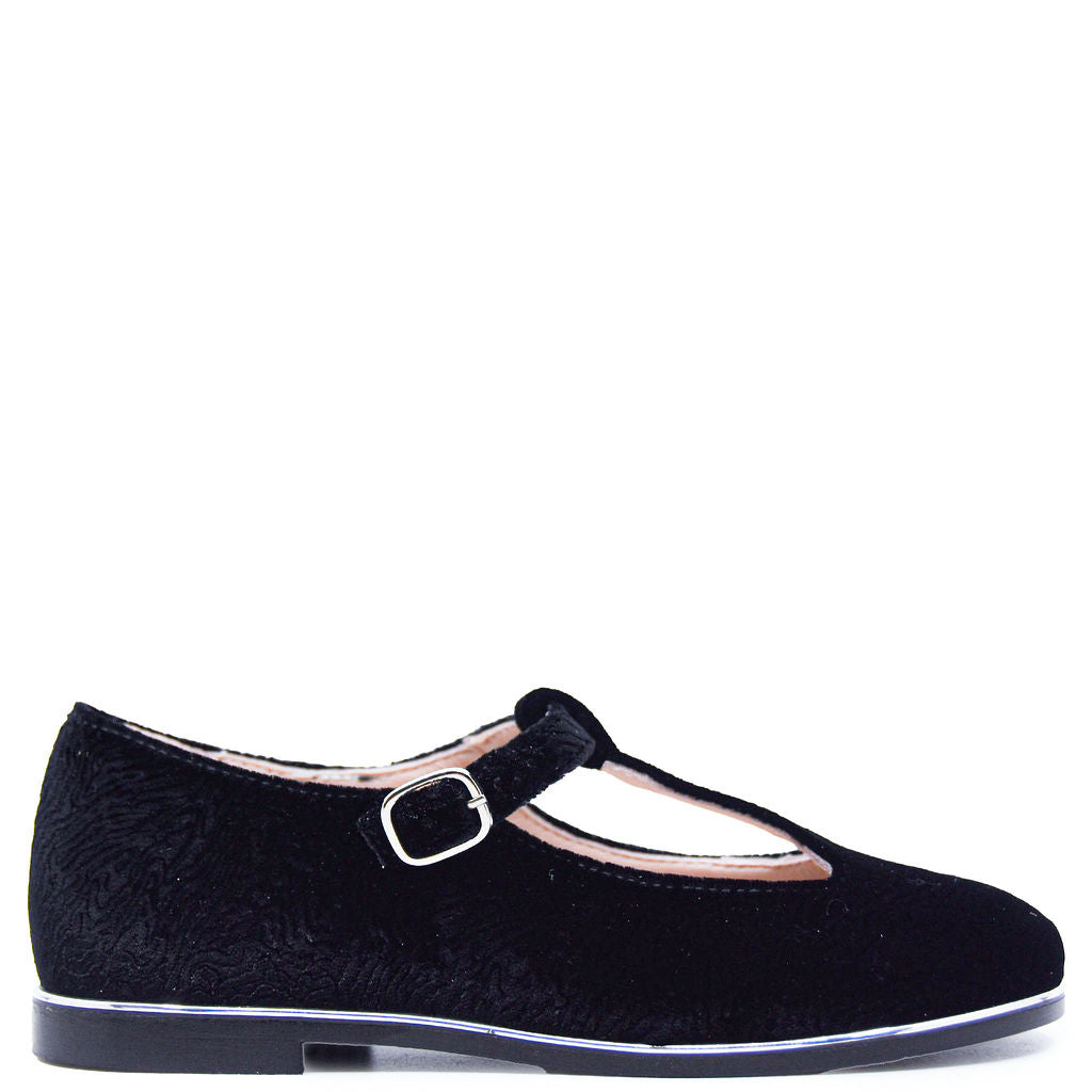 Beberlis Women's Black Textured Velvet T-Strap Mary Jane Flats - Comfortable Dress Shoes for Work, Party & Special Occasions