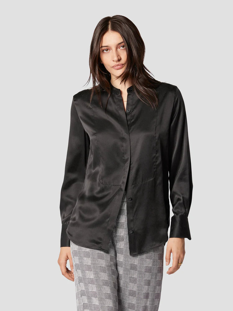 Brielle Silk Satin Shirt for Women - True Black Button Down Blouse for Work, Party & Evening Wear