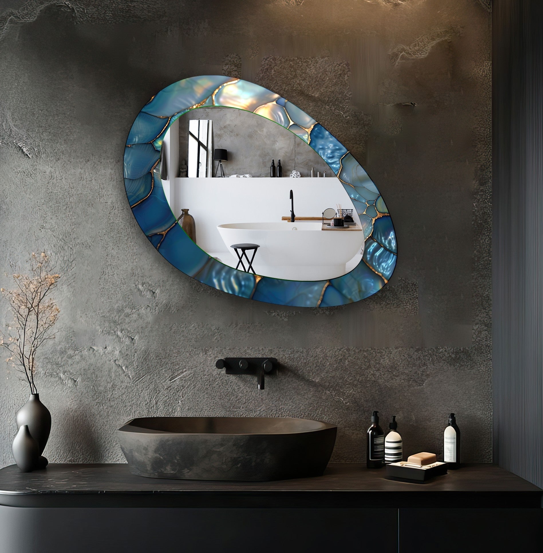 Blue Metallic Abstract Wall Mirror - Modern Decorative Mirror for Living Room, Bedroom & Entryway - Stylish Home Decor & Interior Design Accent