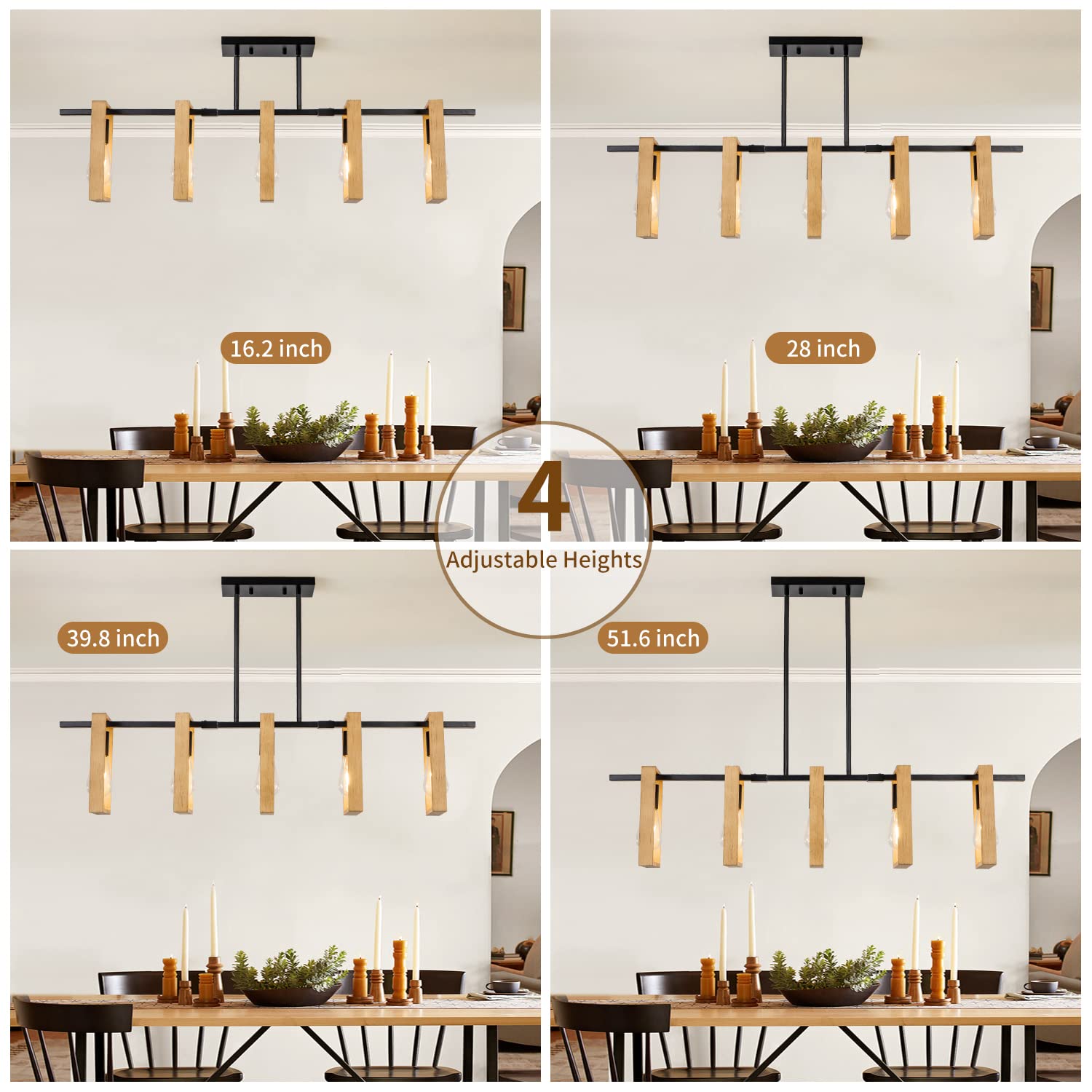 Farmhouse Chandelier - 5-Light Wood and Black Rustic Pendant Lighting for Dining Room & Kitchen Island (41.3