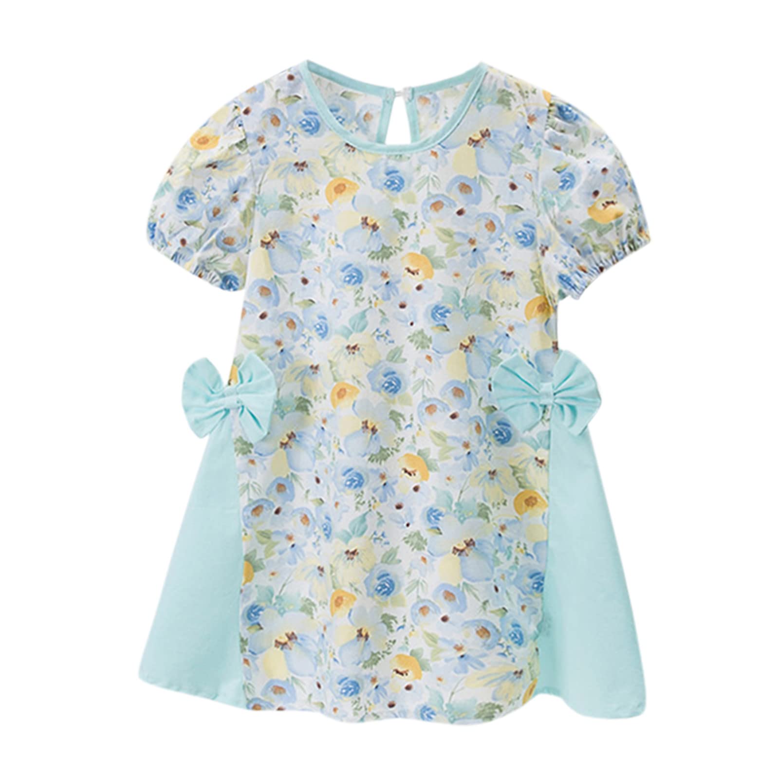 Vintage Floral Patchwork Princess Dress for Toddler Girls - Short Bubble Sleeve with Bowknot Detail | Perfect for Birthday Parties, Photo Shoots & Special Occasions