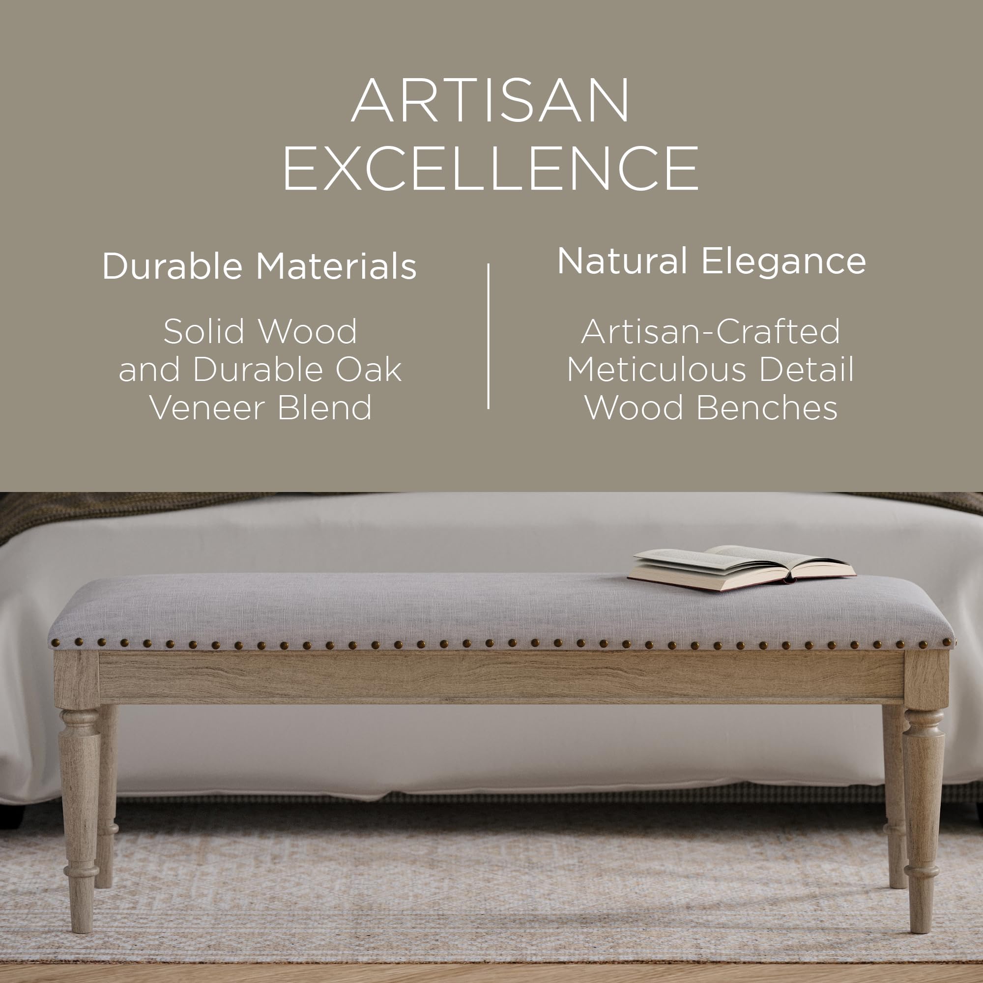 Maven Lane Elizabeth Traditional Wooden Upholstered Bench with Padded Seat - Antique Grey Finish for Kitchen, Dining Room, Entryway & Bedroom | Perfect for Extra Seating, Storage & Home Decor