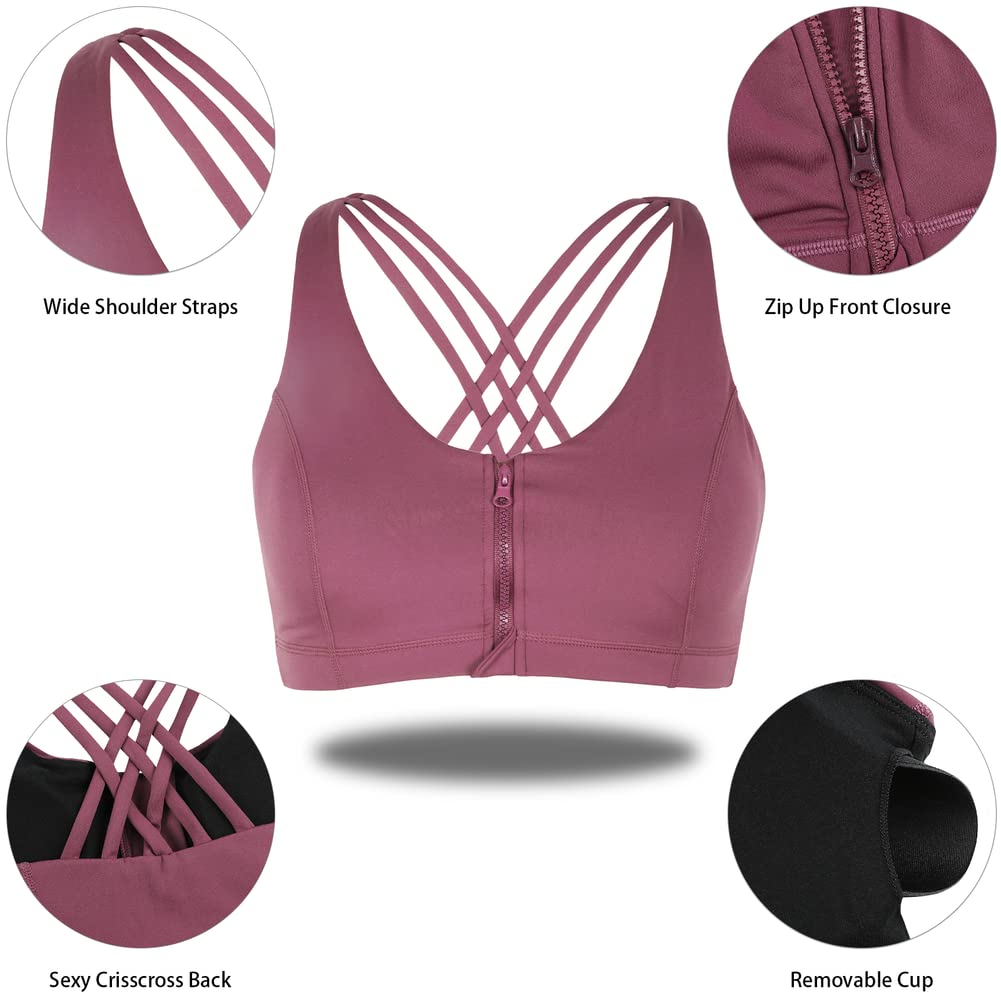 Coastal Rose Women's Zip Front Sports Bra - Criss Cross Yoga Workout Top for Running, Gym & Fitness Training - Breathable Support for Active Lifestyles