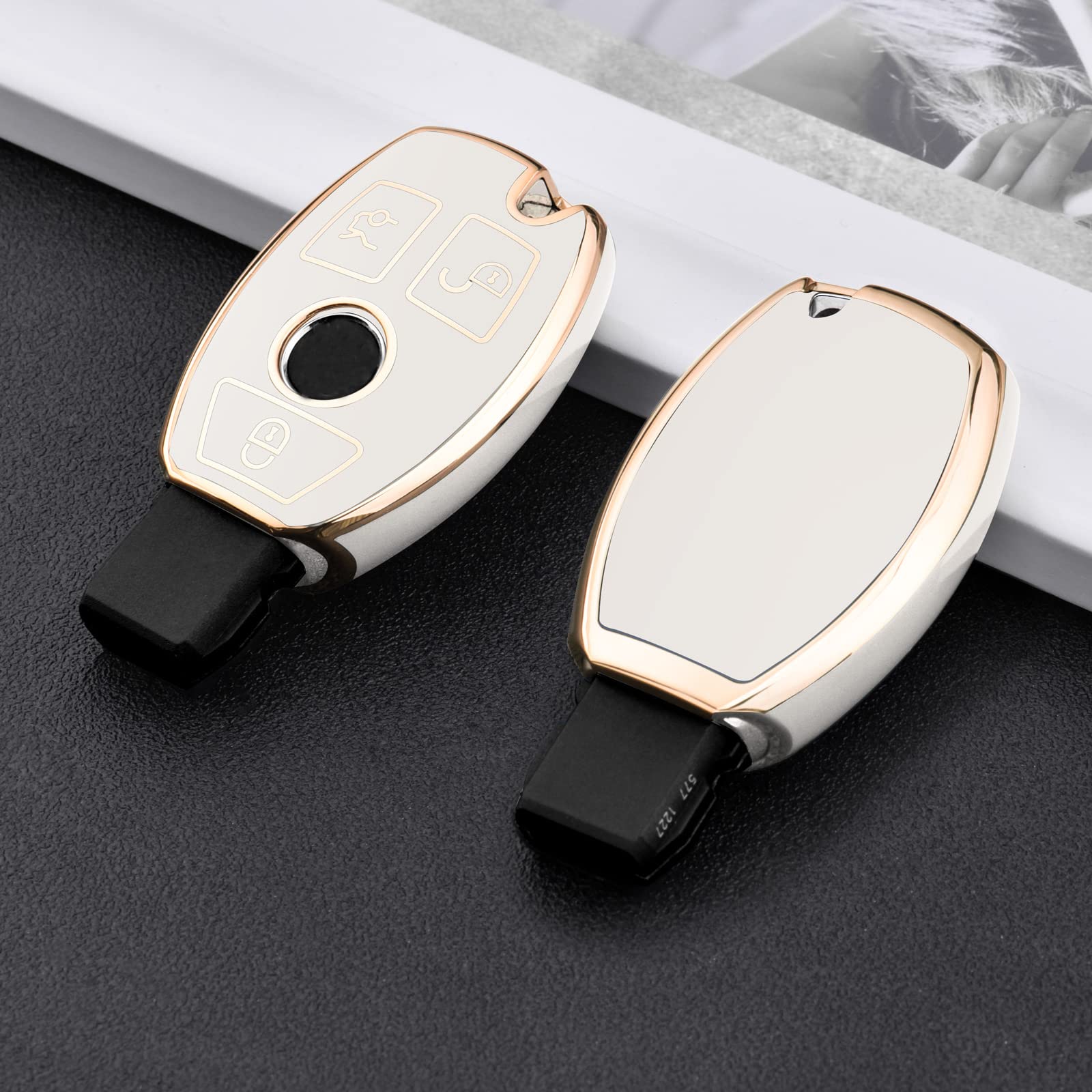 Premium Soft TPU Key Fob Cover for Mercedes Benz C/E/S/M/CLS/CLK/G Class - Gold Edge White Protective Case for Keyless Smart Key | Durable & Stylish Car Accessory for Everyday Use & Gift Giving