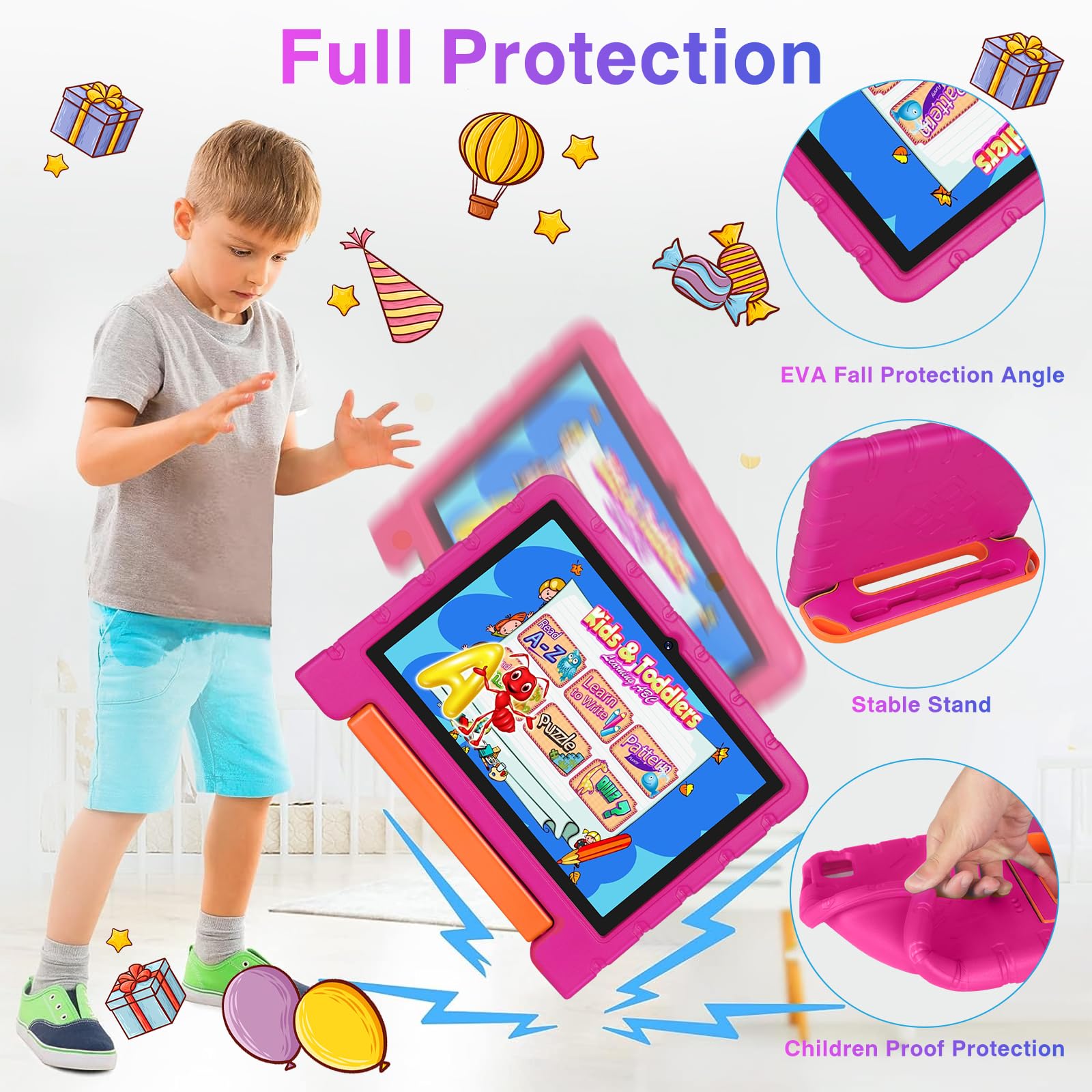 ZIOVO 10 Inch Android 13 Kids Tablet - 12GB RAM 128GB ROM (Expandable to 1TB) | Octa-Core 2.0GHz | 5G WiFi | Bluetooth 5.0 | 8MP+5MP Cameras | 6000mAh Battery | Includes Pink EVA Protective Case - Perfect for Online Learning, Kids Games & Family Entertainment