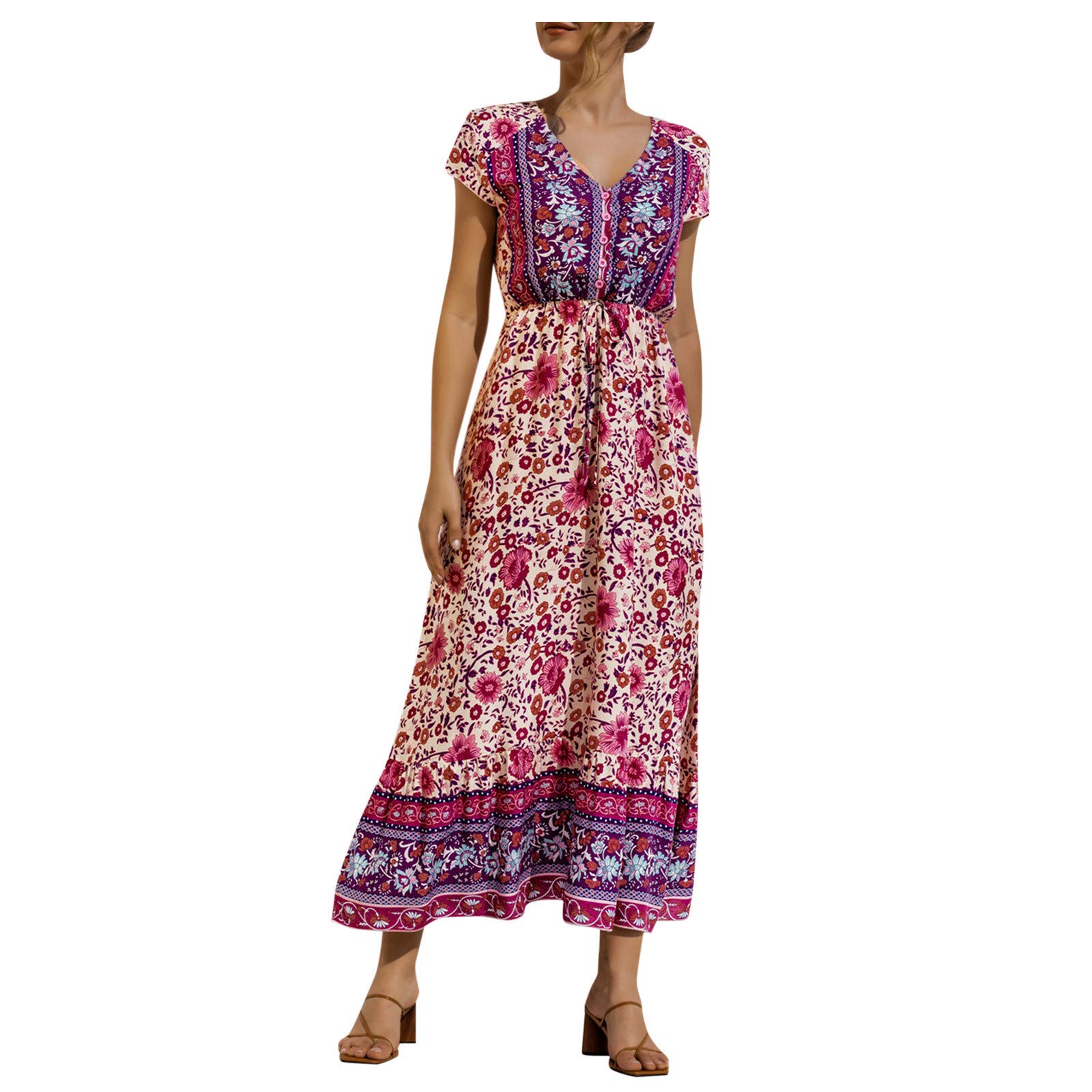 ETHKIA Women's Summer Casual Dress - Short Sleeve Button Down Tie Front Floral Patchwork Maxi Dress | Sexy & Comfortable for Beach, Vacation, Date Night & Everyday Wear