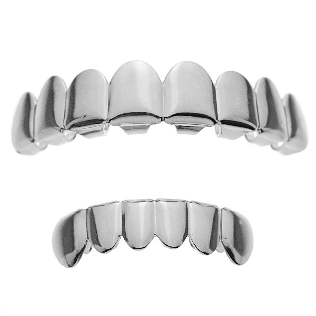 8-Piece Silver Tone Hip Hop Teeth Grill Set - 6 Lower & 2 Upper Grills for Men & Women | Perfect for Rap Performances, Music Videos, and Streetwear Fashion