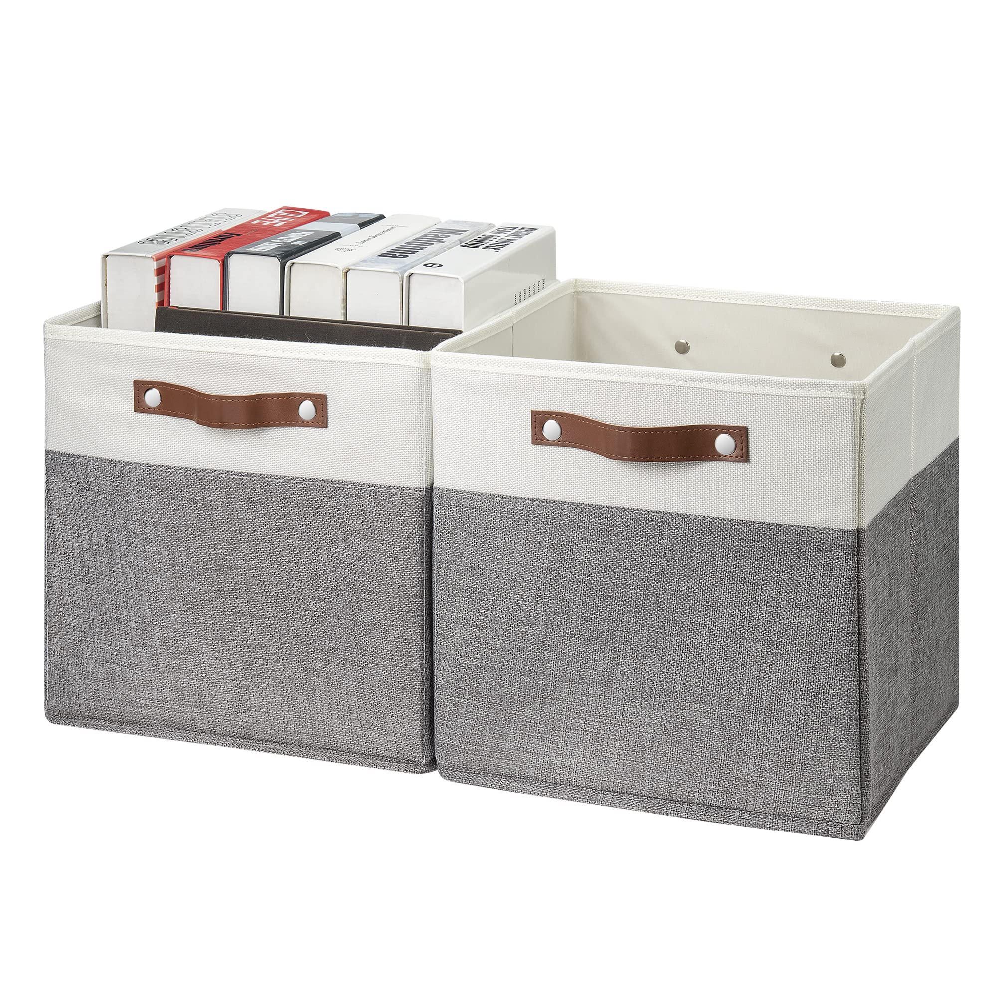 Foldable Cotton Flax Storage Box Set of 2 with Leather Handle - Collapsible Storage Bins for Nursery, Kids Room, Toys & Home Organization (30.5x30.5x30.5 cm) - Perfect for Closet, Shelf & Underbed Storage