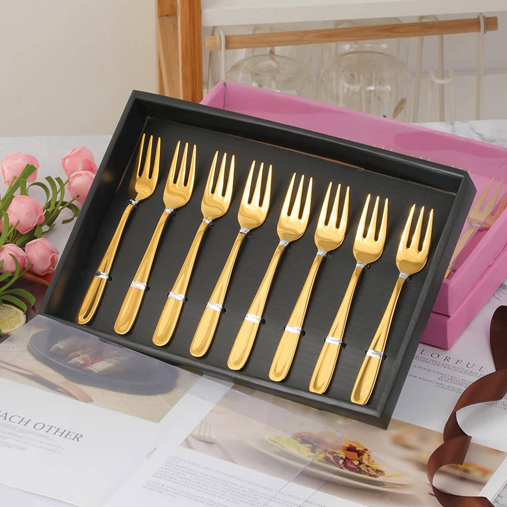 Premium 18/10 Stainless Steel Appetizer Forks Set of 8 - 5.4 Inch Gold Dessert Forks for Cake, Fruits & Tasting - Elegant Black Gift Box - Perfect for Parties, Weddings & Fine Dining
