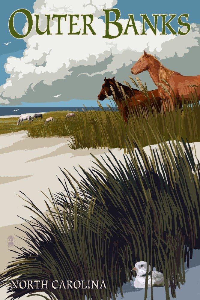 Outer Banks North Carolina Horses and Dunes 24x36 Signed Art Print - Coastal Wall Decor Poster for Beach House, Living Room & Office