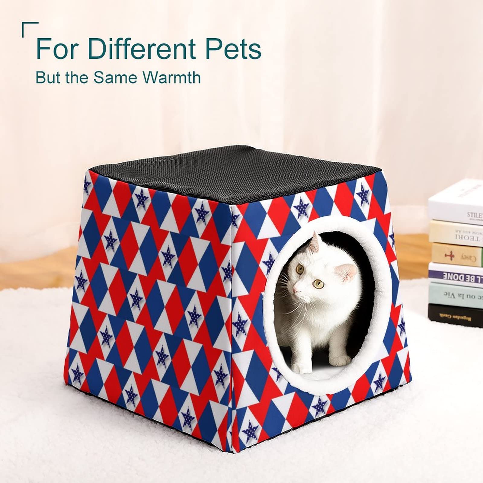 Printed Pet House for Cats & Small Dogs - Indoor Cat Bed, Outdoor Cat Cube Condo with Five-Pointed Star Flag - Cozy Pet Sofa for Home, Apartment, or Garden Use