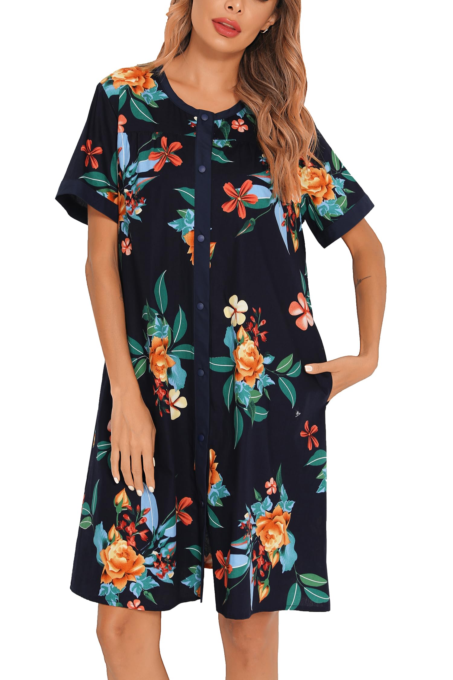 YOZLY Women's Short Sleeve House Dress - Casual Home Robe with Pockets | Comfortable Moomoo Nightgown & Duster for Lounging, Morning Coffee, and Relaxing at Home
