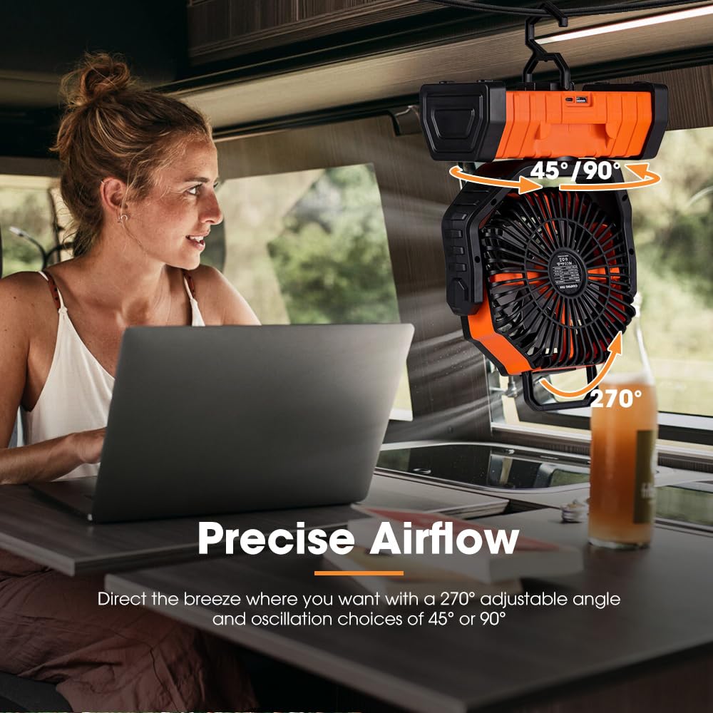 SanHima Portable Camping Fan with LED Light - 20000mAh Rechargeable Battery, 360° Rotating Hook, 4 Speed Settings & Oscillation - USB Powered Desk Fan for Outdoor Tent, Travel, Home Office, Beach & Fishing Adventures | Perfect for Summer Camping Trips and Indoor Cooling