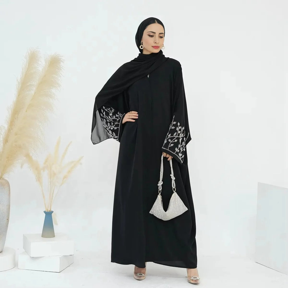 Elegant Beaded Cuff Cardigan Open Abaya Dress #24862 - Boho Chic Muslim Fashion for Women, Perfect for Prayer, Parties & Special Occasions